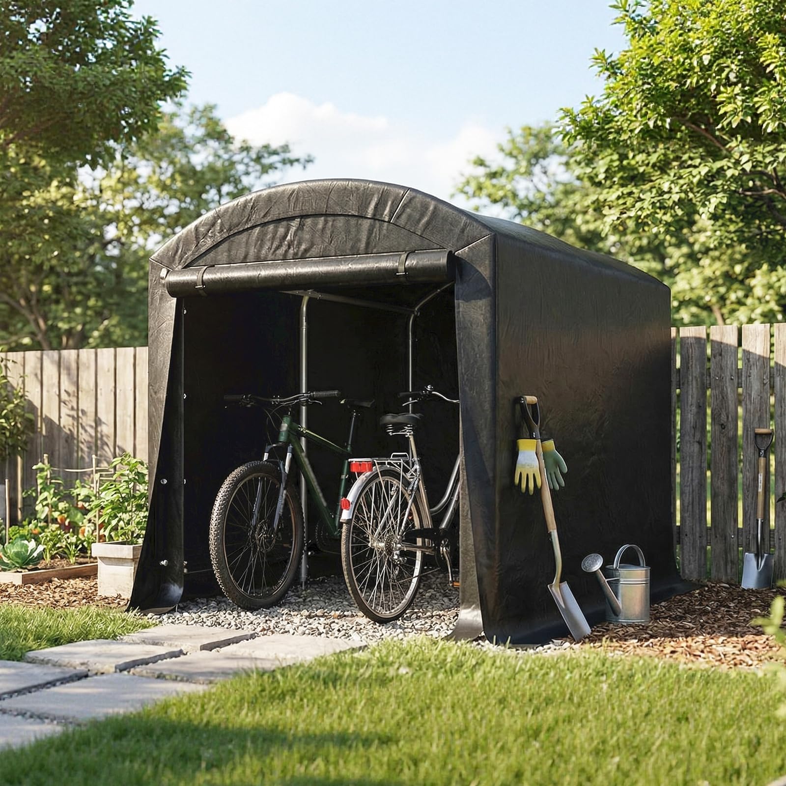 LARMNEE Fahrradunterstand, Gerätehaus, Garagenzelt, 182 x 120 x 165 cm Fahrradgarage, Carport Lagerzelt Gerätezelt für Gartengeräte Fahrräder, für Garage, Garten, Abstellraum, Schwarz EBK02ZX02