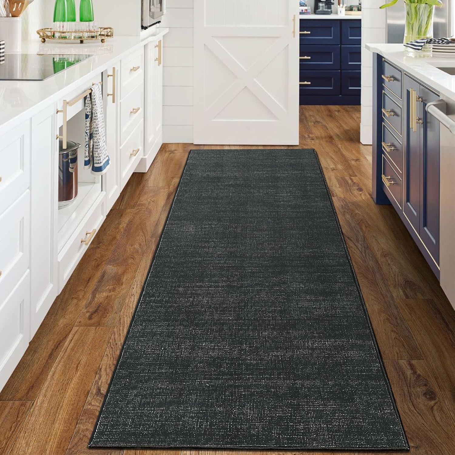 2x6 Hallway Runner Rug Modern Solid Area Rug Washable Kitchen Runner Rug Stain Resistant Entry Rugs Non Slip Low Pile Floor Cover for Living Room Bedroom Dining Room，Black