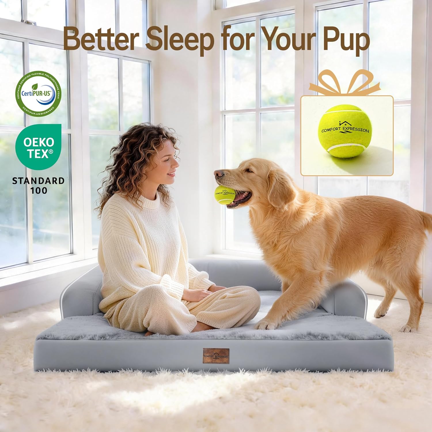 Comfort Expression Extra Large Dog Bed Orthopedic - XL Washable Pet Bed for Big Dog Waterproof Pet Couch Memory Foam Sofa Bolster with Removable Cover - 42 x 30
