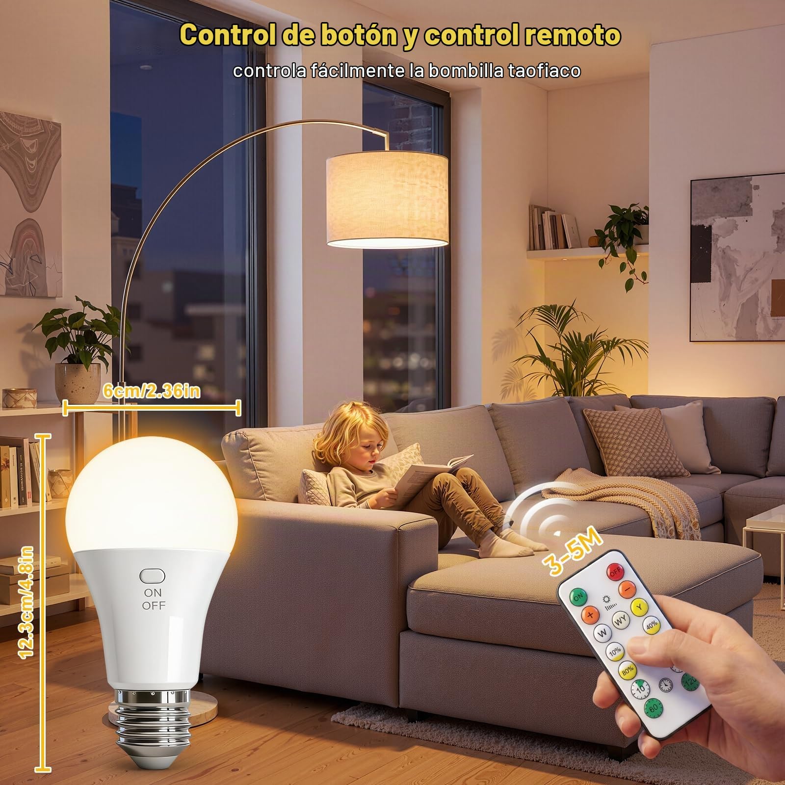 TaoFiaCo 7 W E27 Bombilla Recargable USB con Mando, 3 Color, 4 Piezas | Bombilla Inalámbrica, Regulable, Carga USB-C, Inalámbrica, , Función de Temporizador, Luz de Emergencia Control de Botones