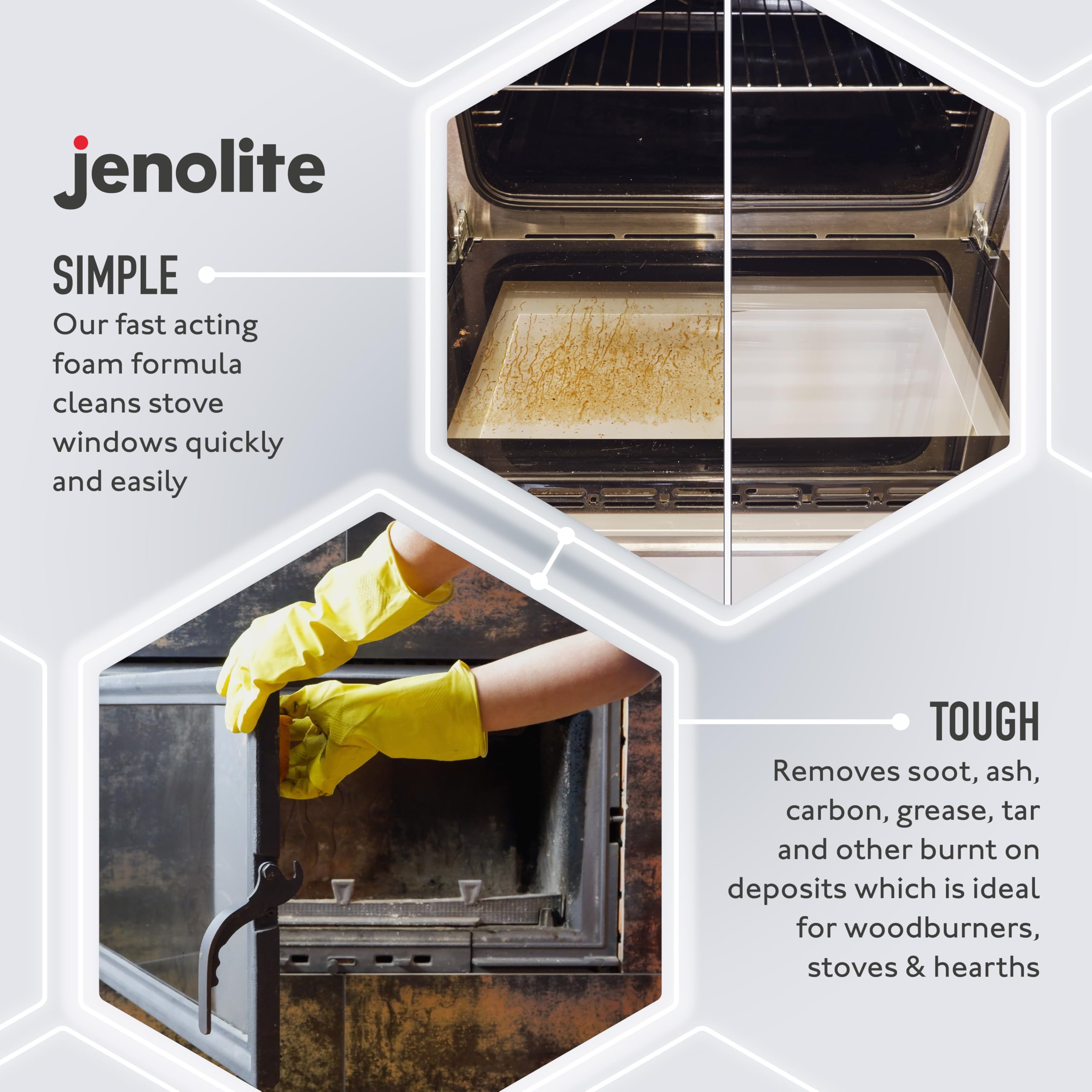JENOLITE Detergente per vetri stufa | 3 x 400 ml | Rimuove fuliggine, cenere, carbonio, grasso e catrame | Ideale per bruciatori a legna/stufa/piani cottura..