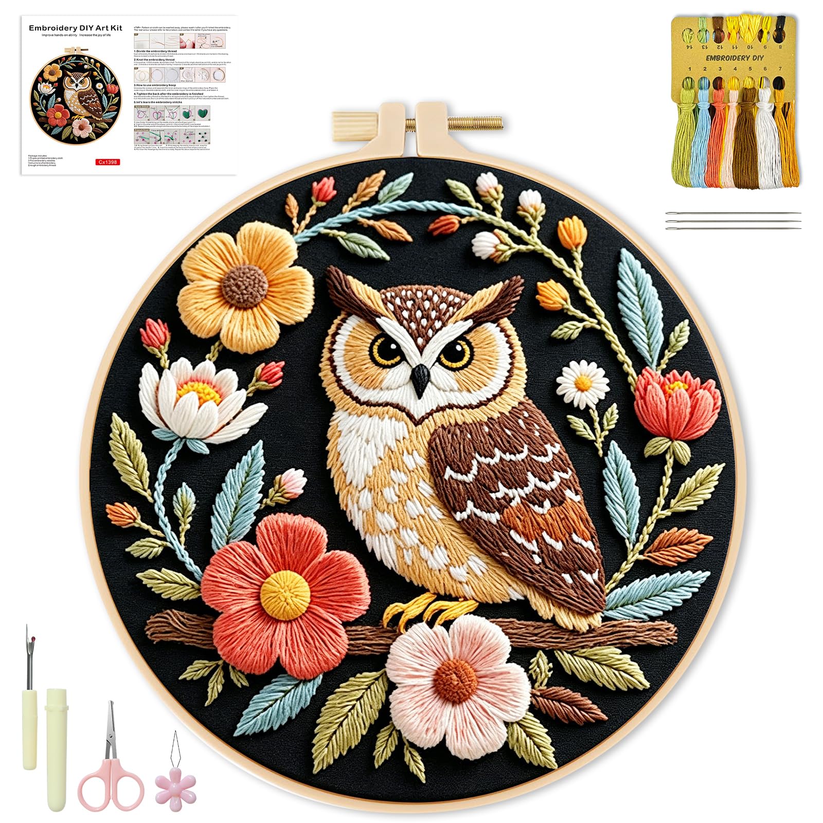 WIVLAX Embroidery Kit for Beginners, Owl Embroidery Starter Kit, Floral Needlework DIY Craft Kit with Hoop, Threads, Needles & Pattern, Easy Sewing Embroidery Kit Gift for Women