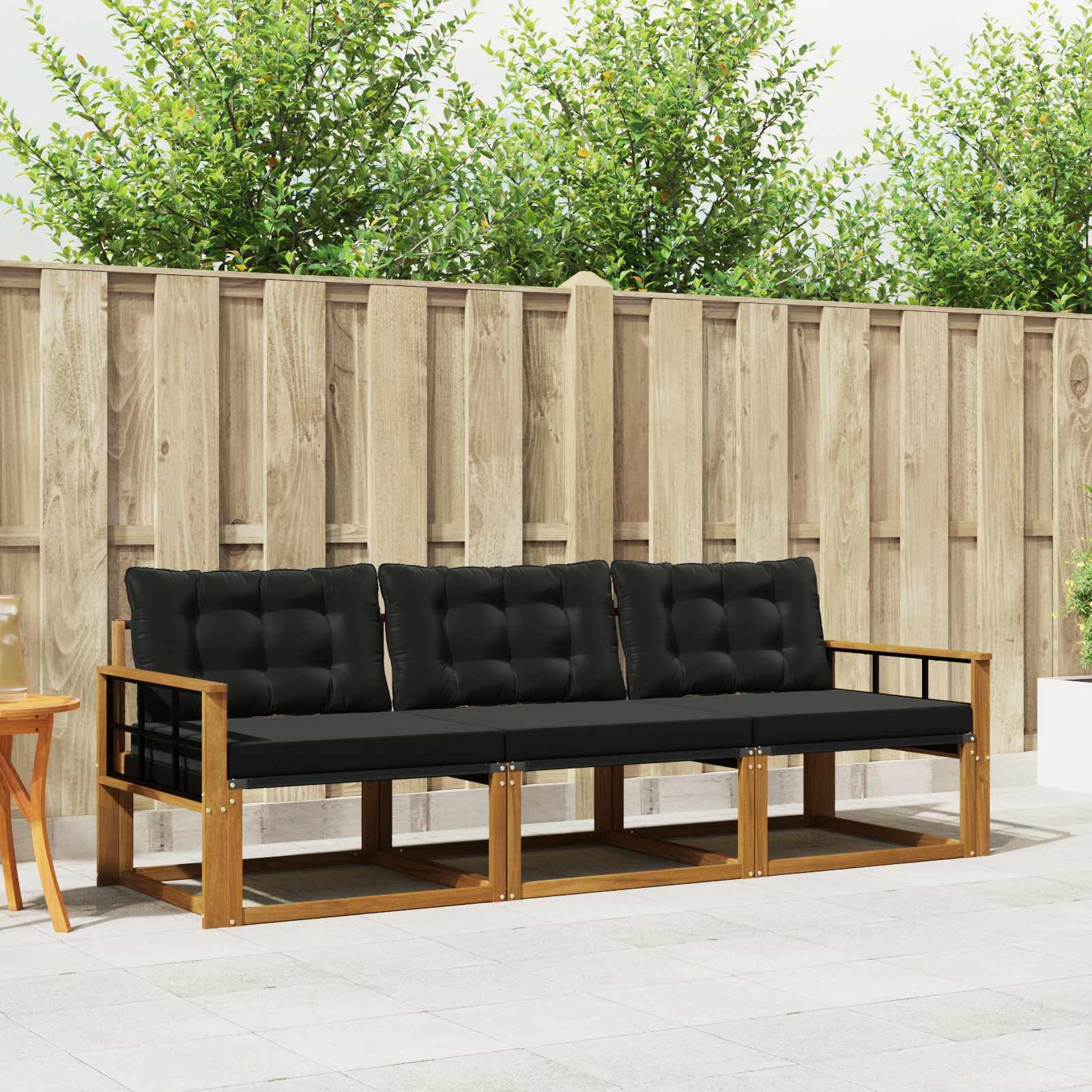 Divano Modulare da Esterno in Legno di Acacia, Set Mobili da Giardino con Cuscini per Terrazzo e Balcone, Divano da Giardino in Natura e Nero, Altezza Seduta 37 cm