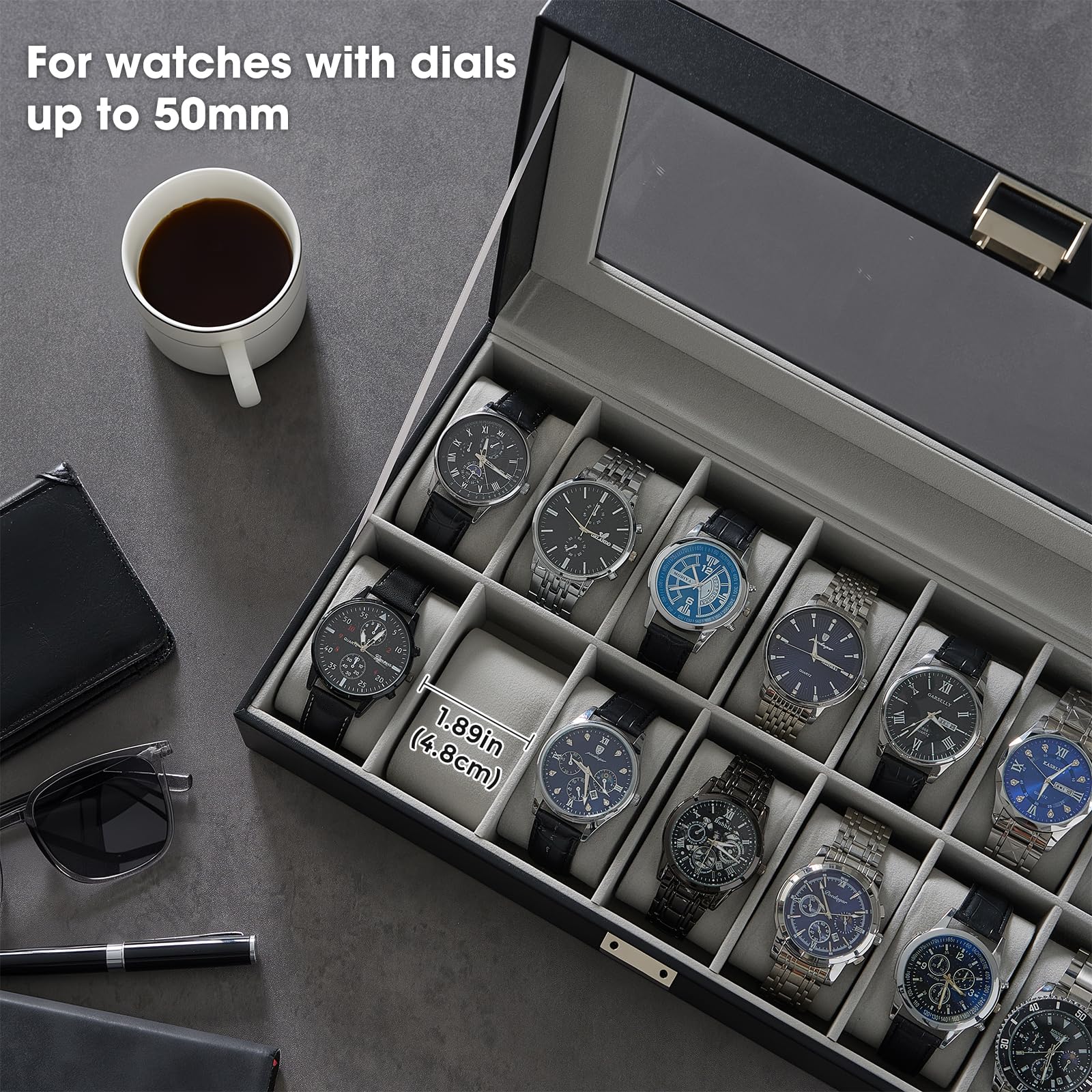 ProCase Caja Organizadora de Relojes 14 Ranuras, Estuche Joyero con Tapa de Cristal, Vitrina de Almacenamiento para Relojes, Pulseras y Joyas, Regalo Elegante para Hombres y Mujeres – Negro
