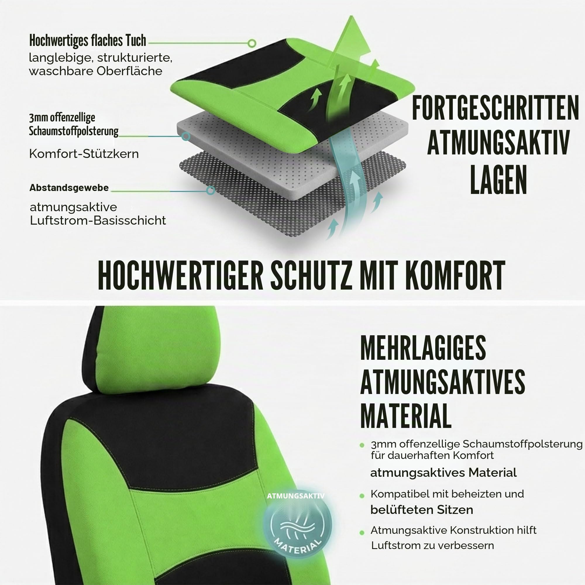 FH GROUP FB030GREEN-COMBO Autositzbezüge, universelle Passform, Kombi-Set mit Lenkradbezug und Sicherheitsgurtpolster, für die meisten Pkw, SUV, LKW, Airbag-kompatibel, Geteilte Rückbank, Grün