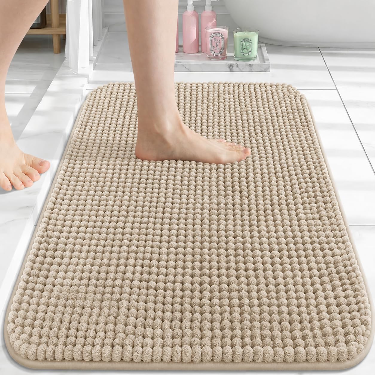 AMEHA Bath Mat Non Slip Anti Mould Khaki 50 x 80 cm Chenille Bathroom Mat Soft & Fluffy Bath mats Super Water Absorption & Machine Washable Shower Mat