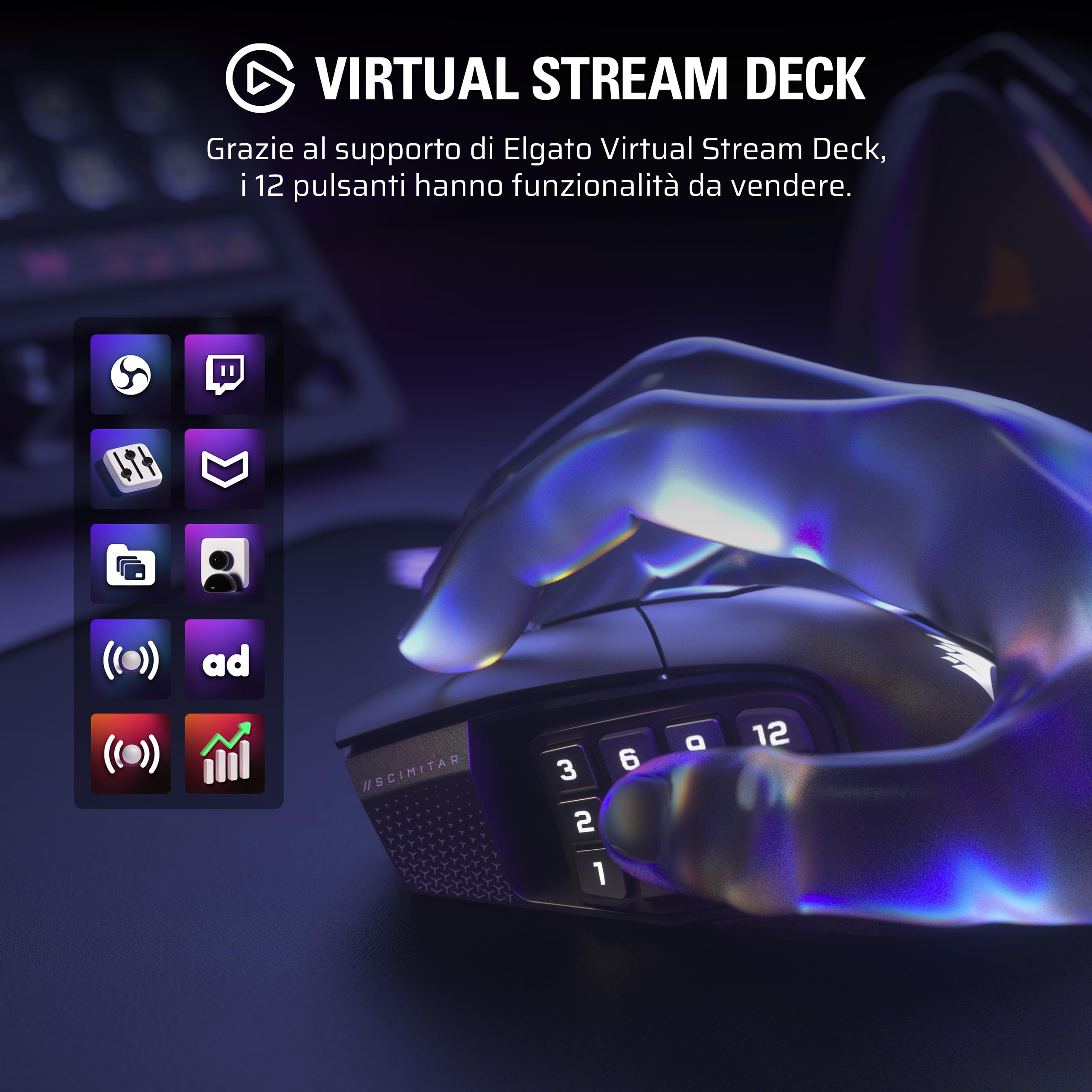 Corsair SCIMITAR ELITE WIRELESS SE Mouse da Gioco MMO – 33.000 DPI, 16 pulsanti programmabili, Key Slider™ regolabile, Hyper-Polling 1K - PC, PS5, PS4, Xbox, Mac – Metallizzato