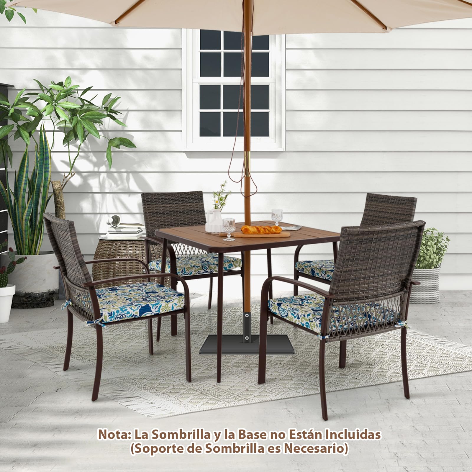COSTWAY Conjunto Jardin Exterior de 5 Piezas, 4 Sillas de Ratán con Cojines y Mesa Cuadrada con Tablero de Madera Plástica y Agujero para Sombrilla, Muebles Comedor Jardin Terraza Balcon Exterior