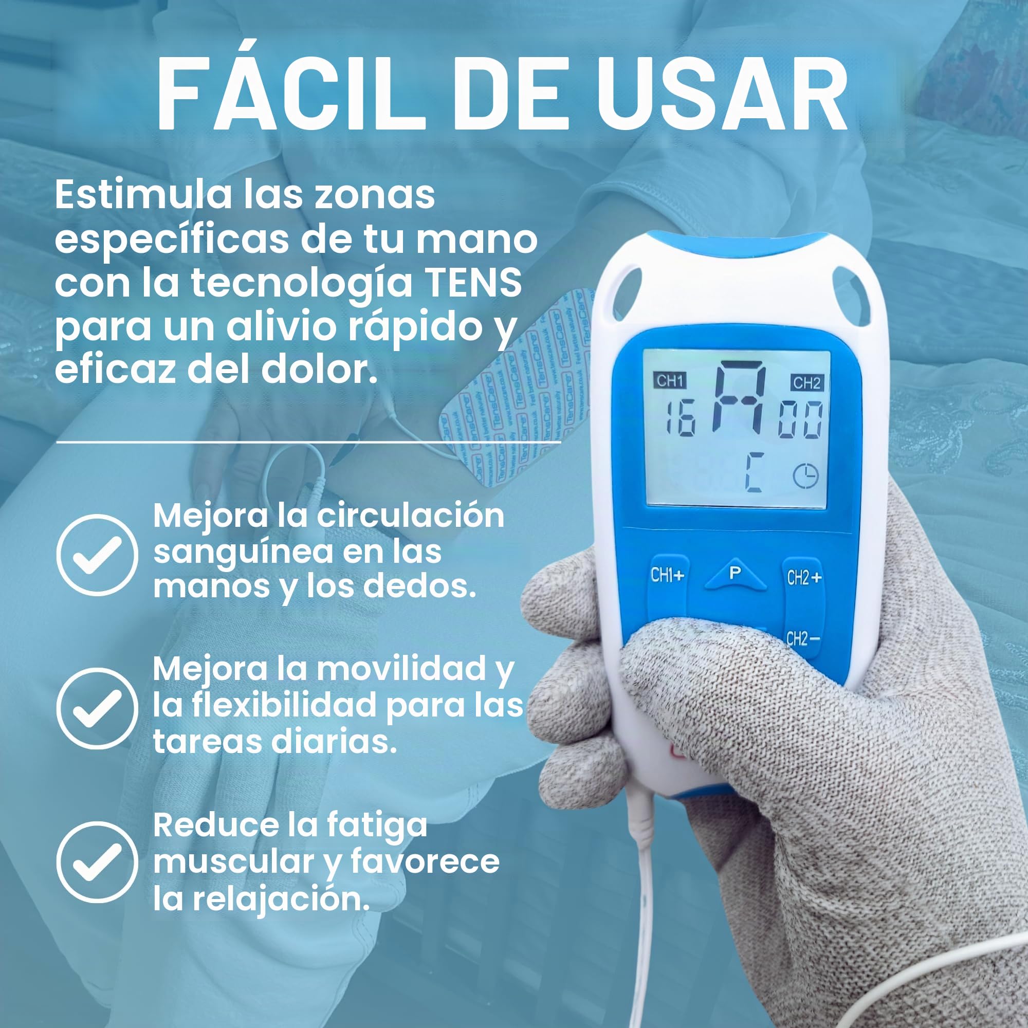 Tenscare Perfect TENS + Guante - Dispositivo de alivio del dolor + Guantes conductores (perfecto para artritis y artrosis) Talla L | Guante conductor reutilizable talla L, compatible con dispositivos TENS y EMS para mano y muñeca