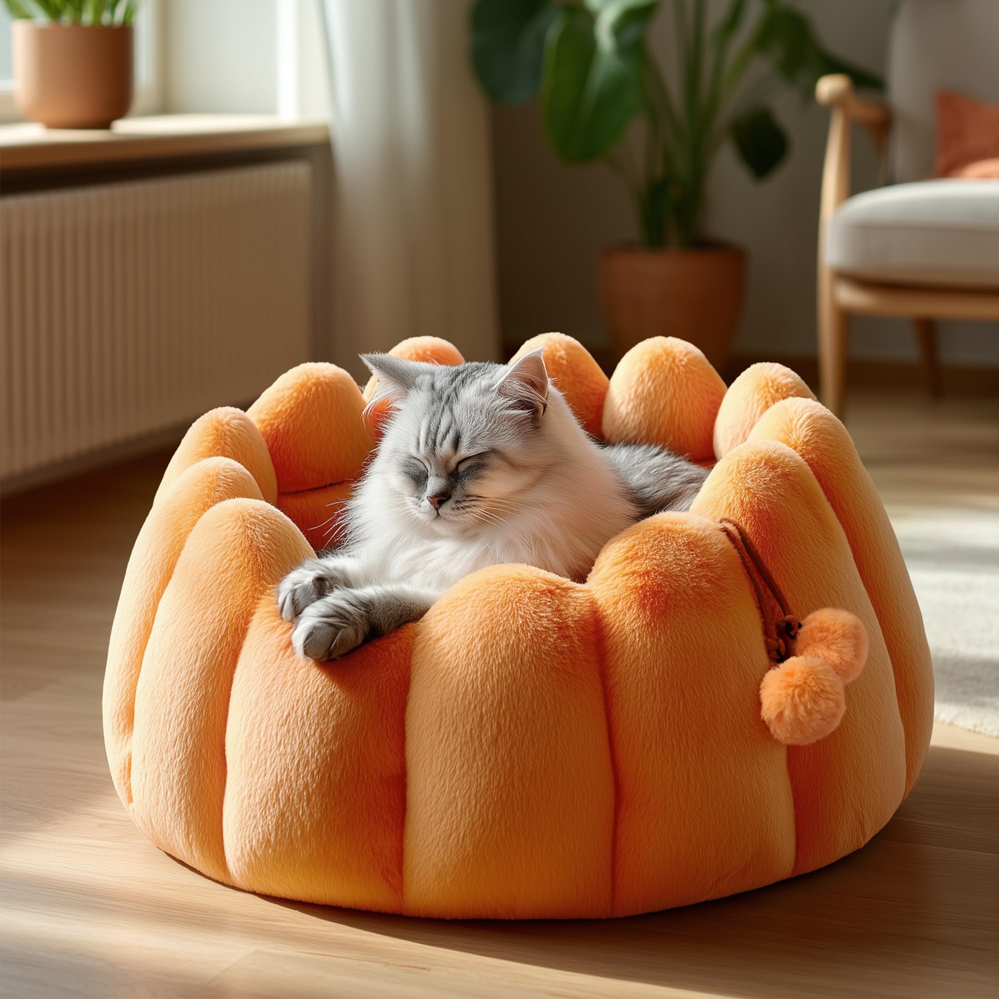 PETNOVO Cat Bed for Indoor Cats, Warm and Soft Faux Rabbit Fur Pet Bed with Plush Toy, Cat Round Bed with Non-Slip Bottom, 50 x 50 x 30cm, Orange