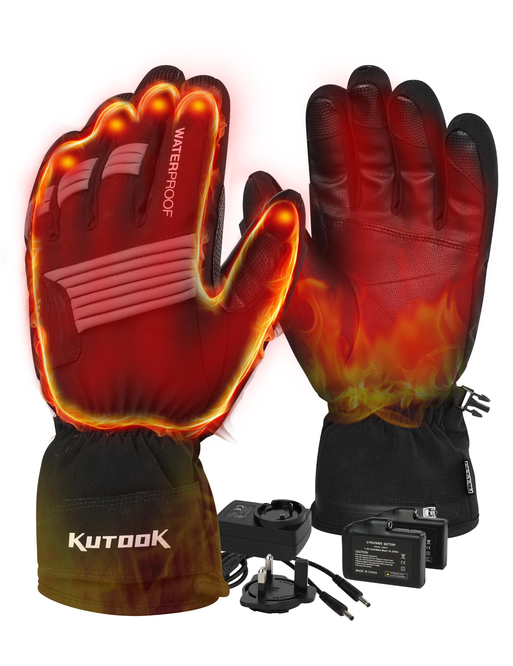 KUTOOK Beheizbare Handschuhe Wasserdicht Motorradhandschuhe Winter Skihandschuhe Schwarz 2.5-5 Stunden