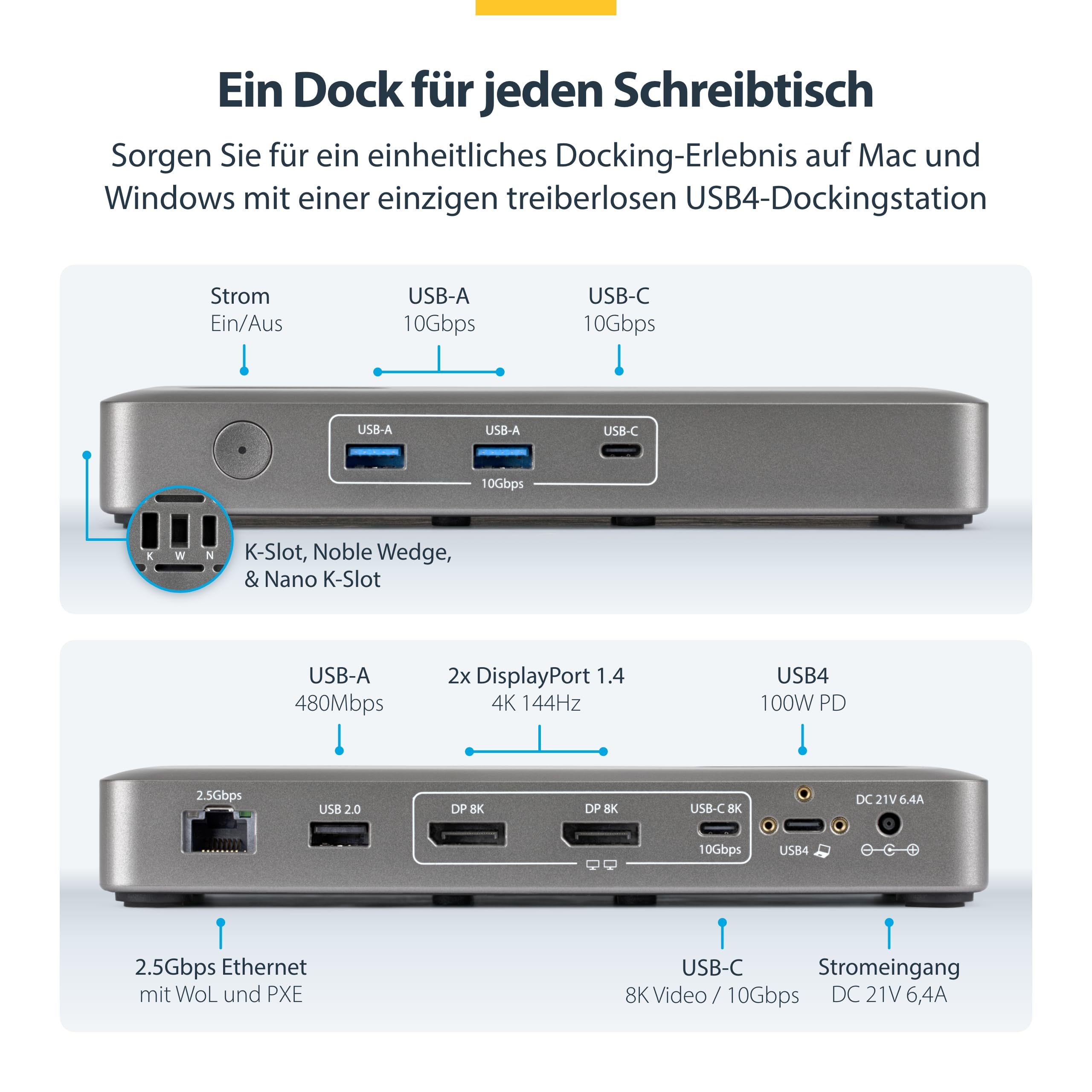 StarTech USB4 Universelle Dockingstation, Dual 4K 144Hz oder 8K 60Hz DP | Mac, Windows, Treiberlos, 2,5GbE, PXE-Boot, Wake-on-LAN, VESA, Thunderbolt 5, Kensington
