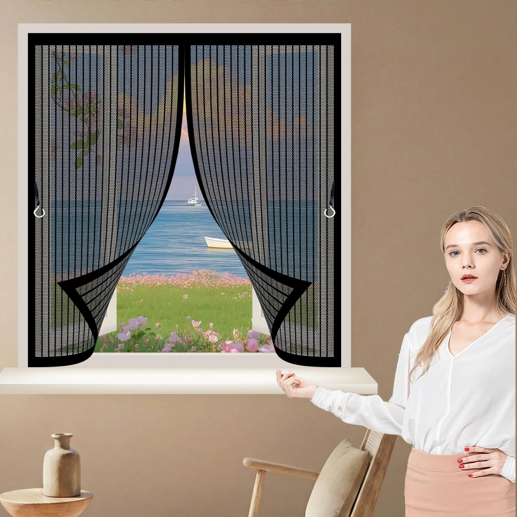 Moustiquaire fenetre 135 x 95 cm noir avec fermeture automatique maille ultra fine