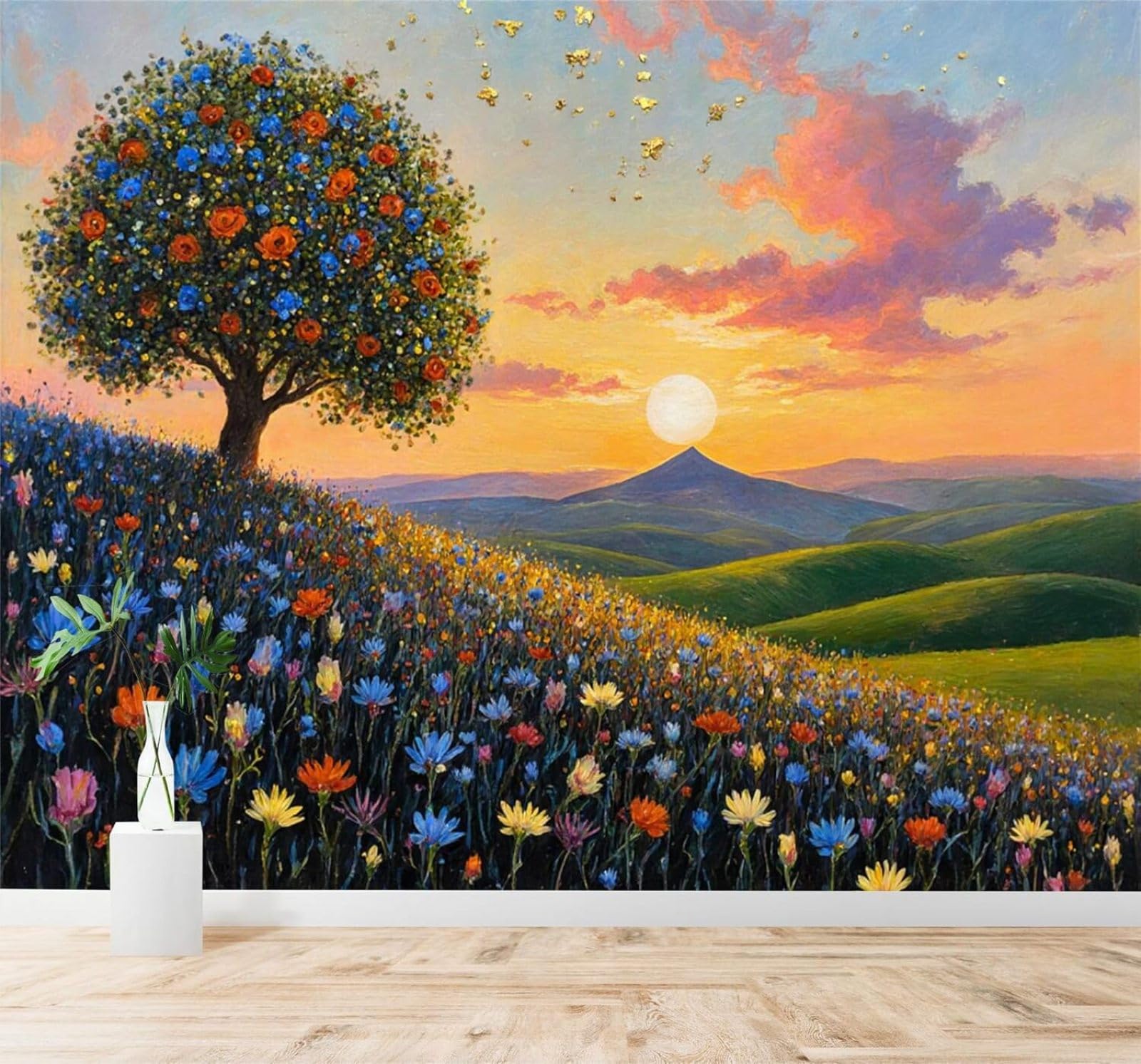 XLMING Colourful Trees Wildflowers Sunset Rolling Hills Landscape 3D Wallpaper Silky Texture Home Study Office Grey Dining Room Sofa Bedroom Living Room TV Backdrop-350cm×256cm