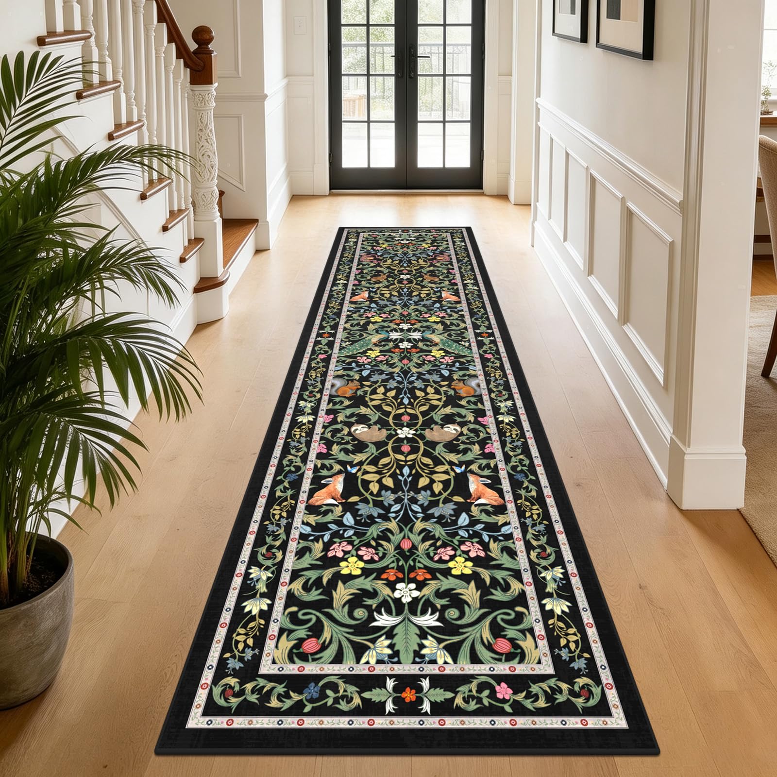 TUKDAK Runner Rugs for Hallway Non Slip 60x240cm, Black Animal Washable Kitchen Carpet Runner, Boho Forest Floral Long Hall Rug for Entryway Bedroom Laundry Living Room, Low Pile Non Shedding