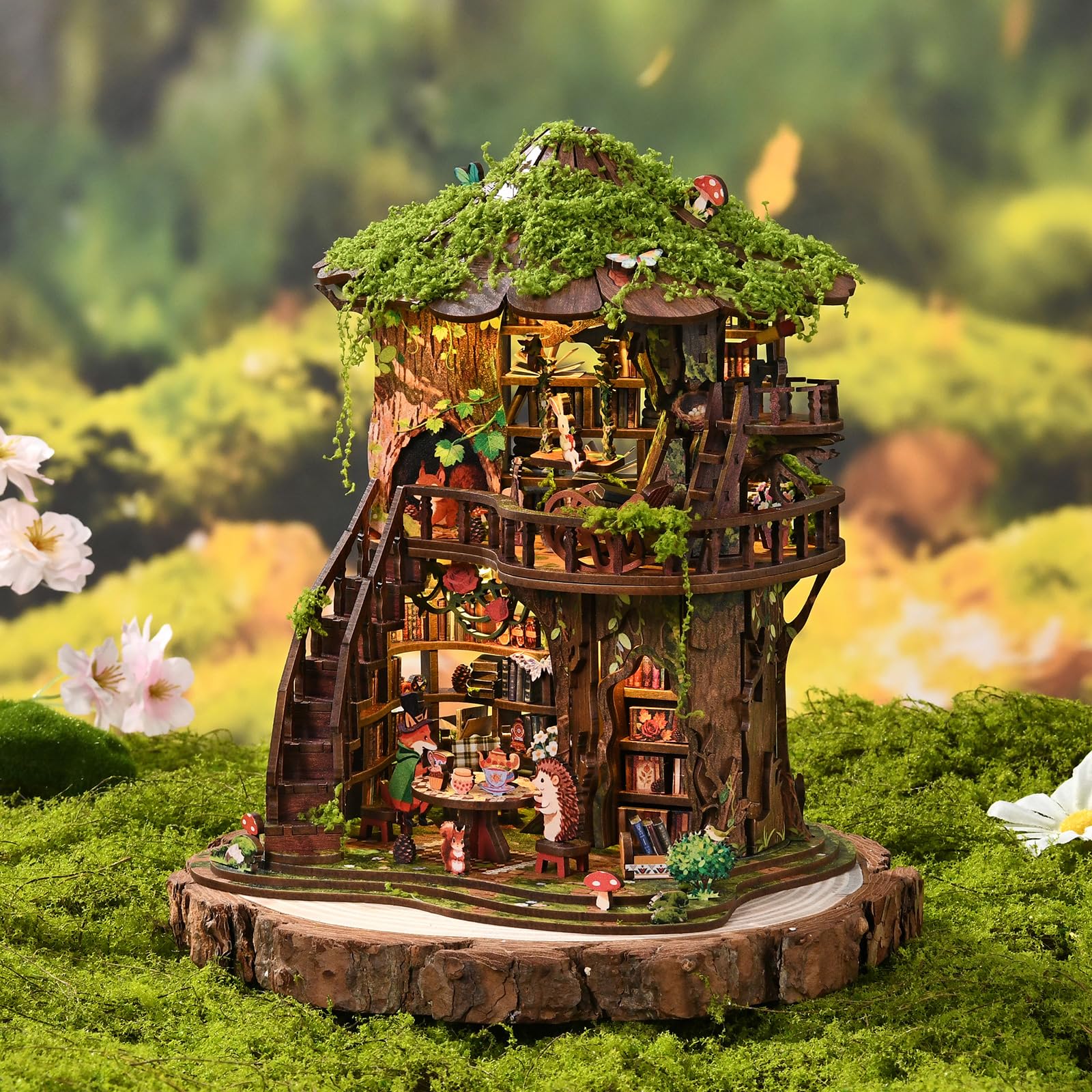 Forest Tea Book Club DIY Miniaturowy zestaw podpórek do książek, drewniane puzzle 3D ze światłem LED, zestaw do budowania dla dorosłych, idealny prezent dla miłośników książek (AW02-006)