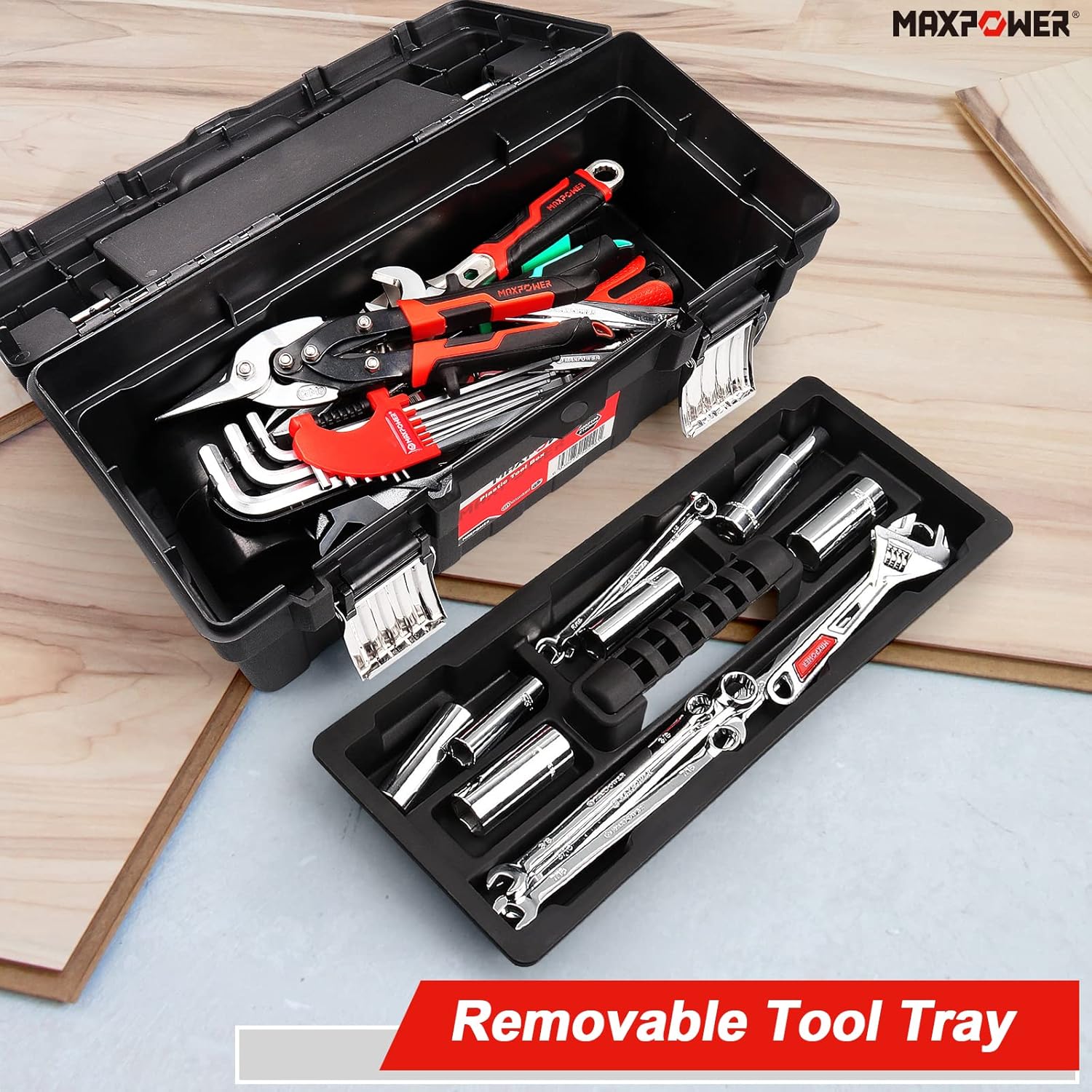 MAXPOWER Tool Box with removable tray and main compartment visible