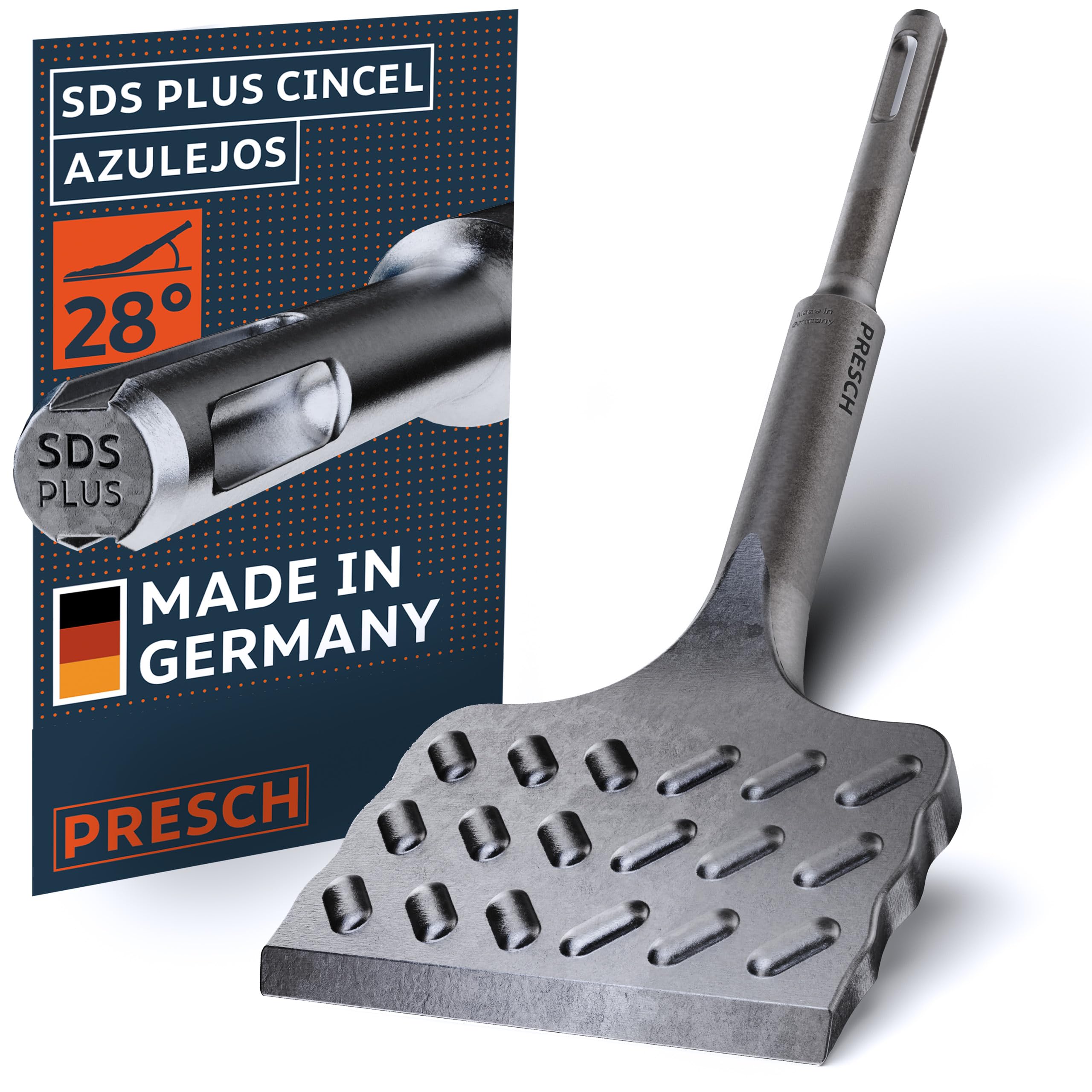 PRESCH SDS plus Cincel Azulejos- Extra ancho (75 mm) - Borde de corte extremadamente duradero - Acodado para facilitar la extracción de azulejos (longitud 165 mm) - Acero de alto rendimiento