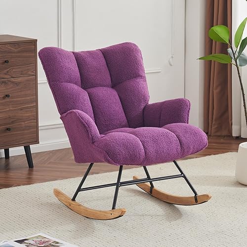 Miniatura 13 de Silla Mecedora para Cuarto de Bebé Teddy Tapizada Mecedora Deslizante Silla de Acento Mecedora Asiento Acolchado con Respaldo Alto Sillón Silla