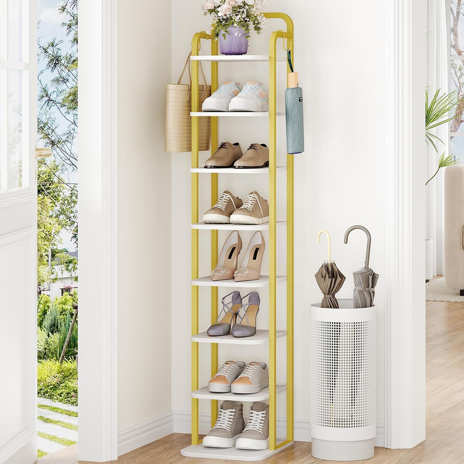 8 Tiers Vertical Shoe Rack, Narrow Shoe Tower, Tall Shoes Shelf with 2 Hooks, Adjustable Shelves, Corner Shoes Shelves for Small Spaces, Entryway, Living Room, White Gold SR04313A