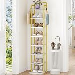 Hzuaneri 10 Tiers Vertical Shoe Rack, Narrow Shoe Tower, Tall Shoes Shelf with 2 Hooks, Adjustable Shelves, Corner Shoes Shelves for Small Spaces, Entryway, Living Room, Black SR11204B