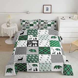 Manfei Deer Bear Comforter Set Queen Size, Green Plaid Wave Stripes Lattice Patchwork Bedding Set 3pcs for Kids Boys Girls, Wild Animals Down Comforter Rustic Cabin Quilt Set with 2 Pillowcases