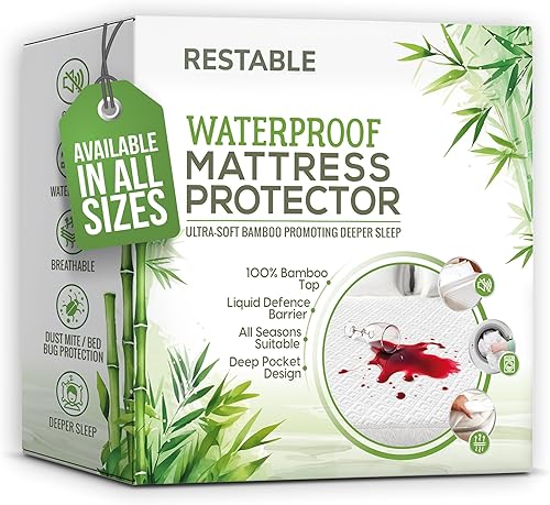 Protector de colchón individual XL de lujo, protector de colchón 100% impermeable y parte superior de viscosa de bambú 100%  Transpirable,