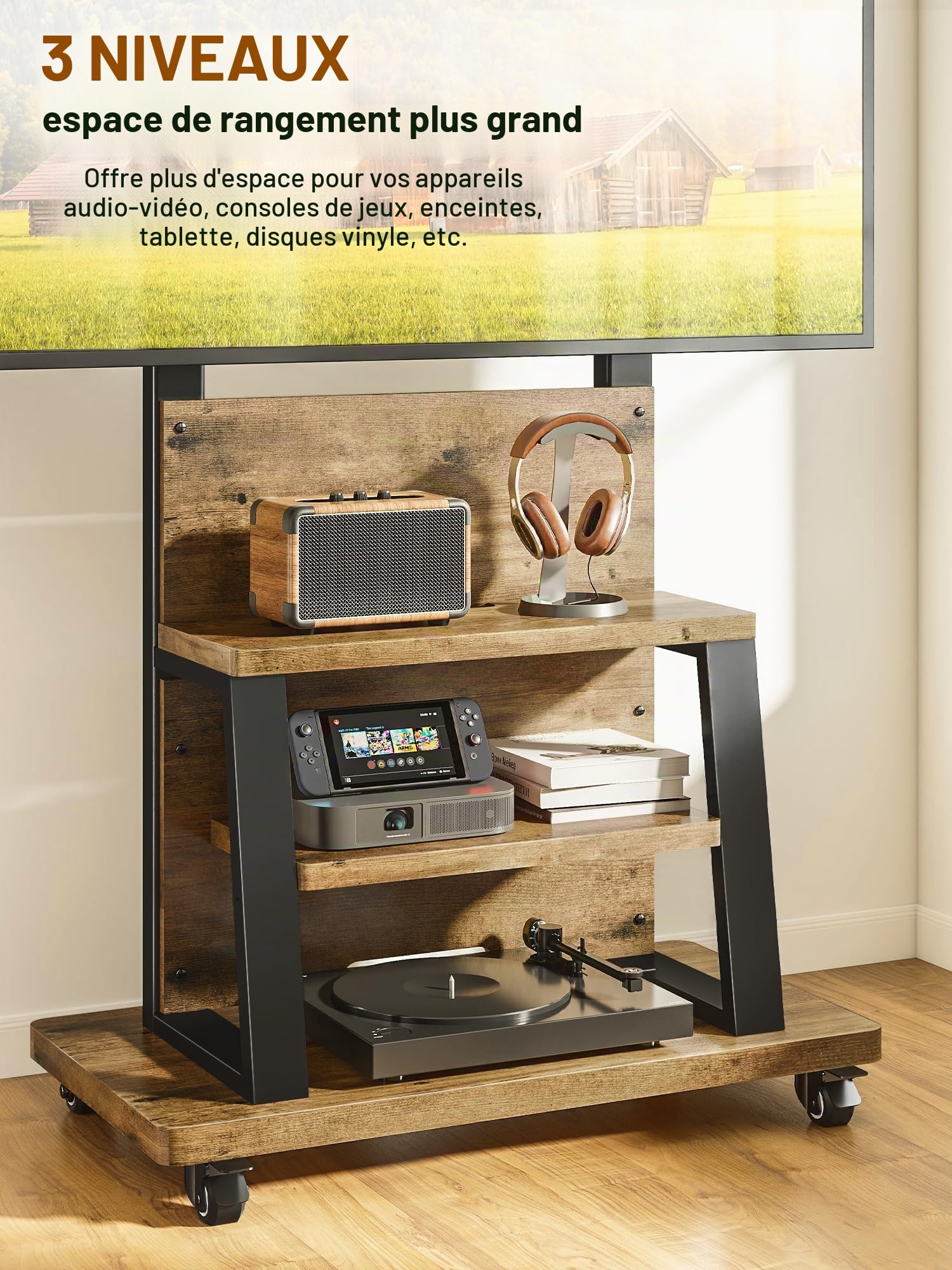 Support de télévision Roulant avec roulettes pour écrans de 32 à 75 Pouces, Support TV Roulette et Grand Espace de Stockage – Support TV sur Pied réglable en Hauteur, avec Une capacité Max de 68 kg