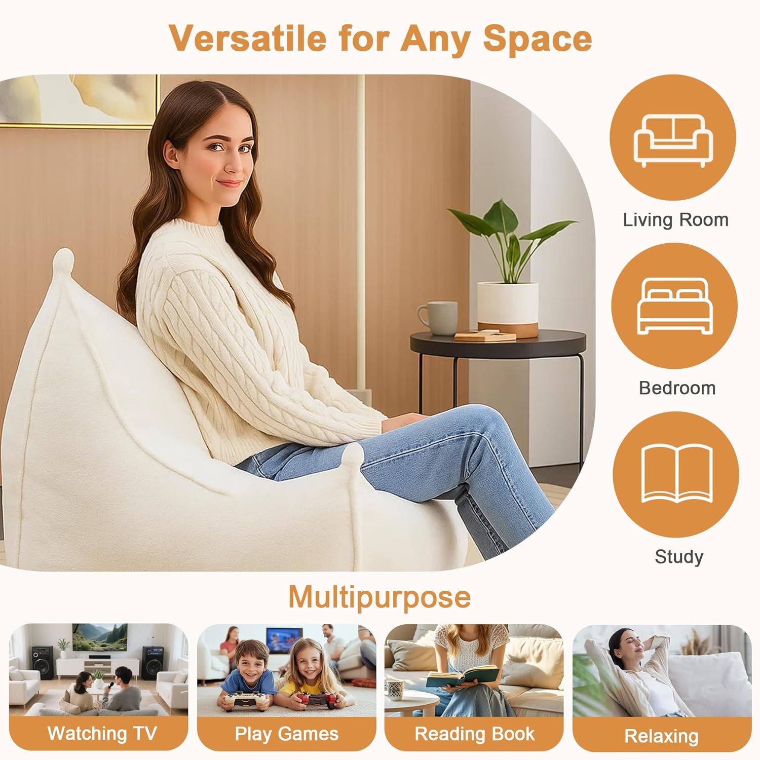 White Bean Bag Chair for Adults & Kids, Ergonomic Big Bean Bag Sofa with Full Body Support, Faux Fur Beanbag Chair, Stuffed Floor Sofa for Living Room, Bedroom, Apartment, White