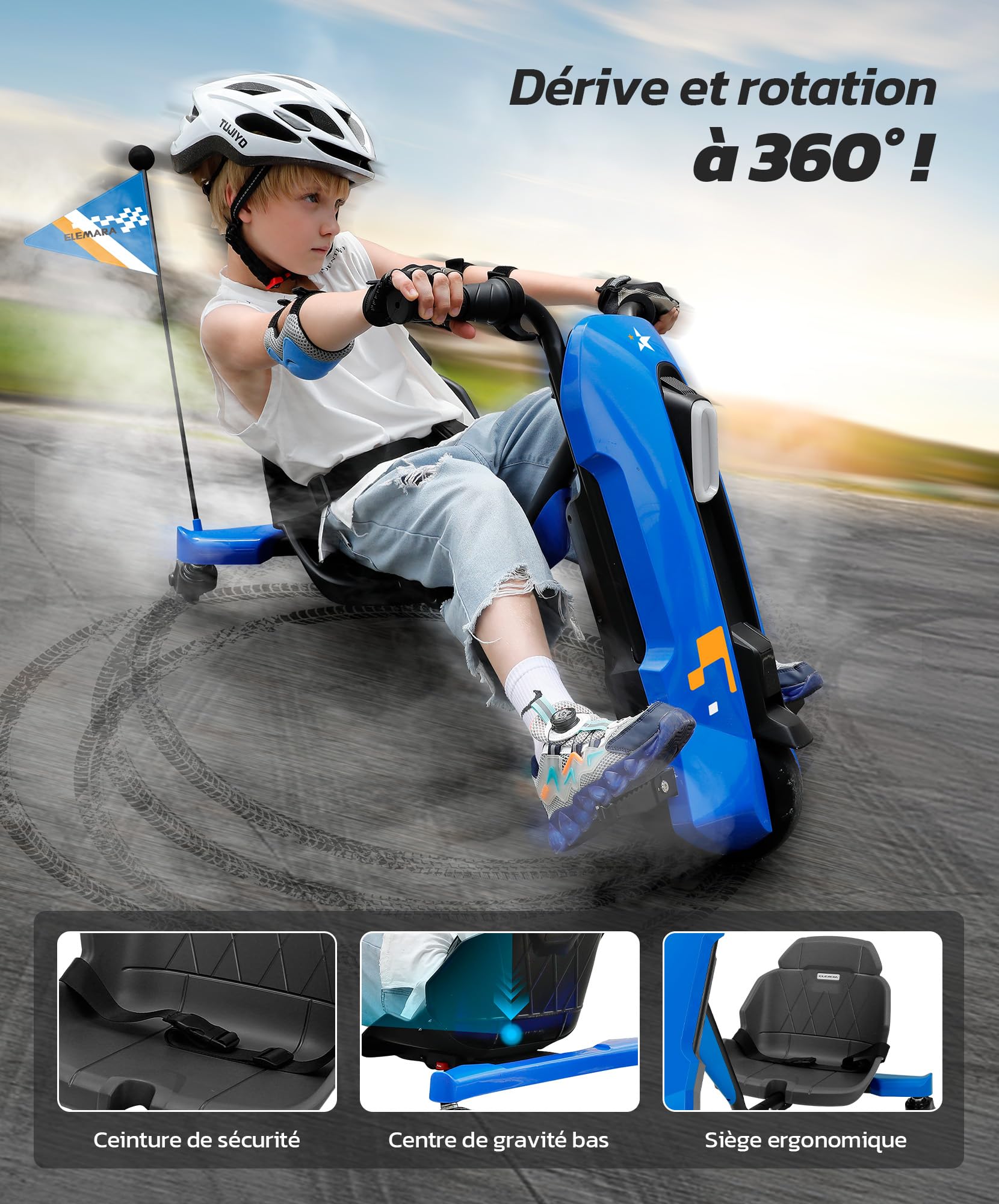 ELEMARA Kart Electrique avec Vitesse sans Pas, 12V Drift Kart électrique pour Enfants avec Siège Réglable, Go Karts avec Musique, Bluetooth, Lumière, Pennant, pour Enfant âgé de 6 à 14 Ans, Bleu