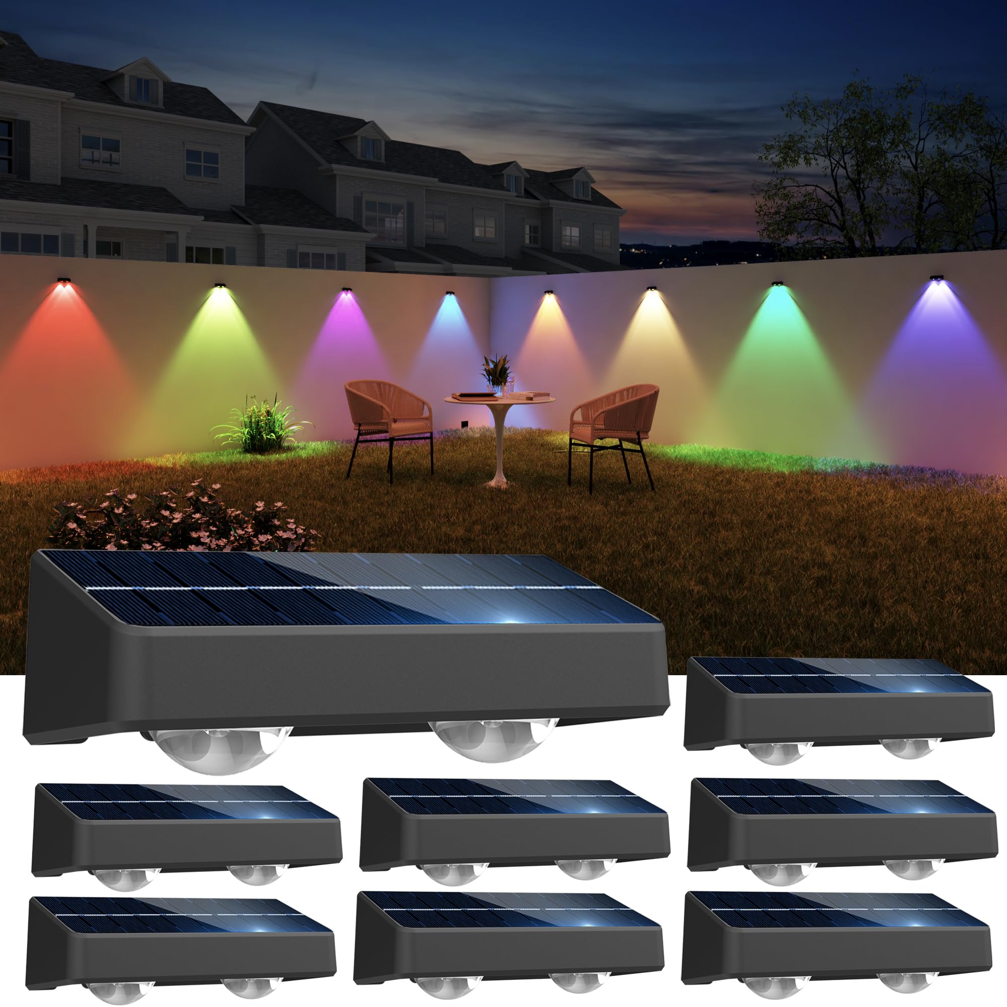 nibuuecer Solar Fence Lights Outdoor, 12 Mode RGB Color Changing Solar Lights with 20H Runtime, IP65 Waterproof -20°C Winter Ready, Solar Deck Lights for Garden Patio Yard Wall (60LM 8Pack)