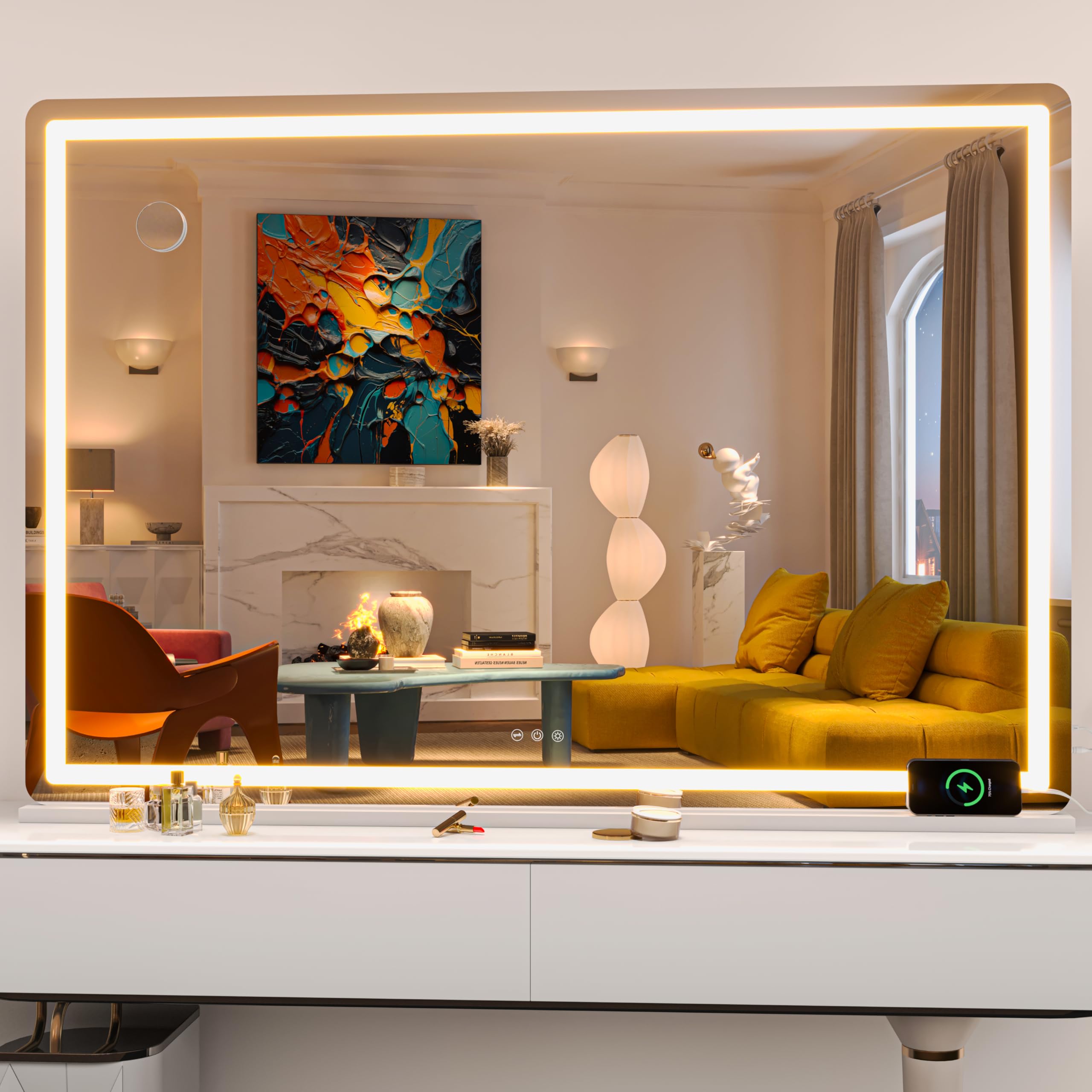 Hasipu Vanity Mirror with Lights, 140 x 90cm LED Makeup Mirror, Lighted Make up Mirrors with Dimmable 3 Modes, Touch Screen Control Vanity Mirrors Round White