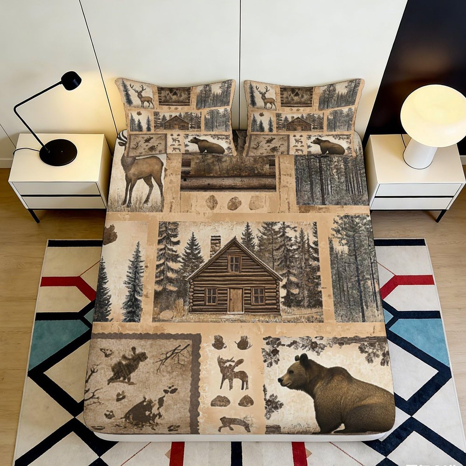 3D Printed Cabin Forest Fitted Sheet Microfiber Soft Breathable Bear Moose Bed Cover for Bedroom Guest Room Decor 120x200cm 90x200x25cm