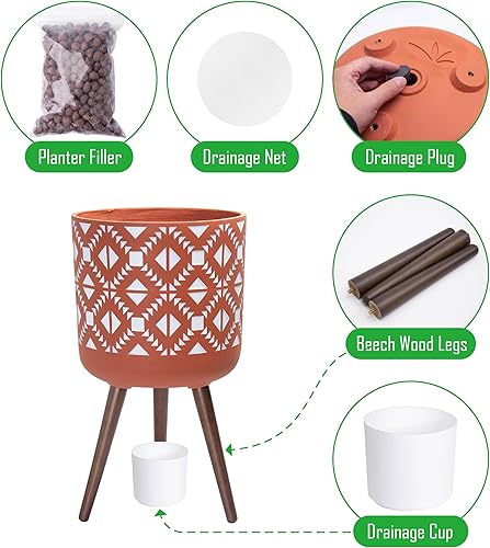 Miniatura 4 de D'vine Dev Maceta de 14 pulgadas con soporte, maceta alta de mediados de siglo con patas para plantas de interior, terracota roja cerámicablanco,