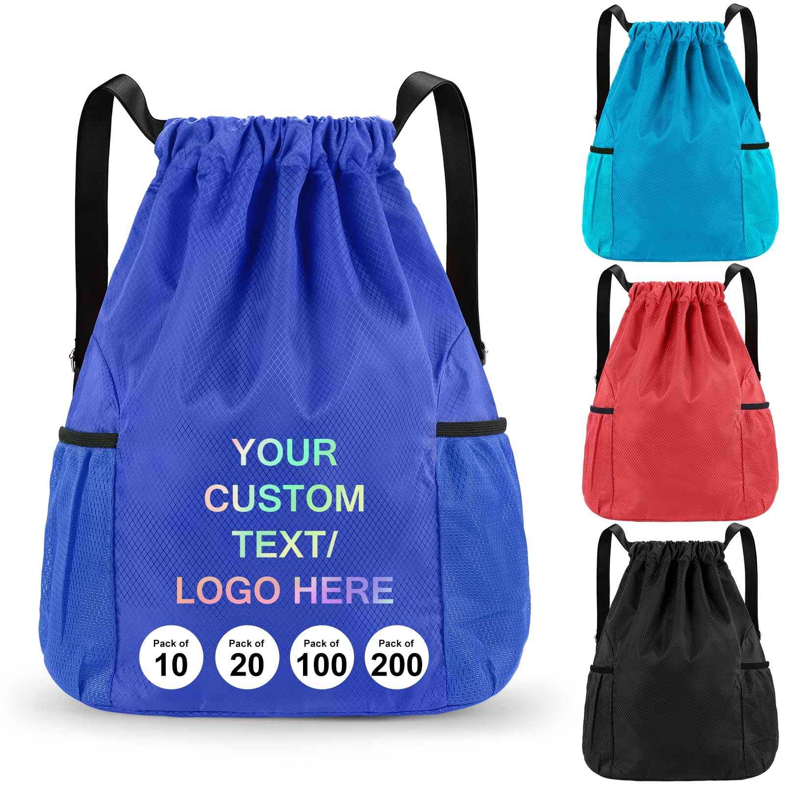 Fyore 10 Pack Personalised Drawstring Bag with Logo Text - Bulk Custom Oxford Fabric Drawstring Backpack for PE Kits Gym Sports School Swimming Drawstring Sack 30x12x41cm