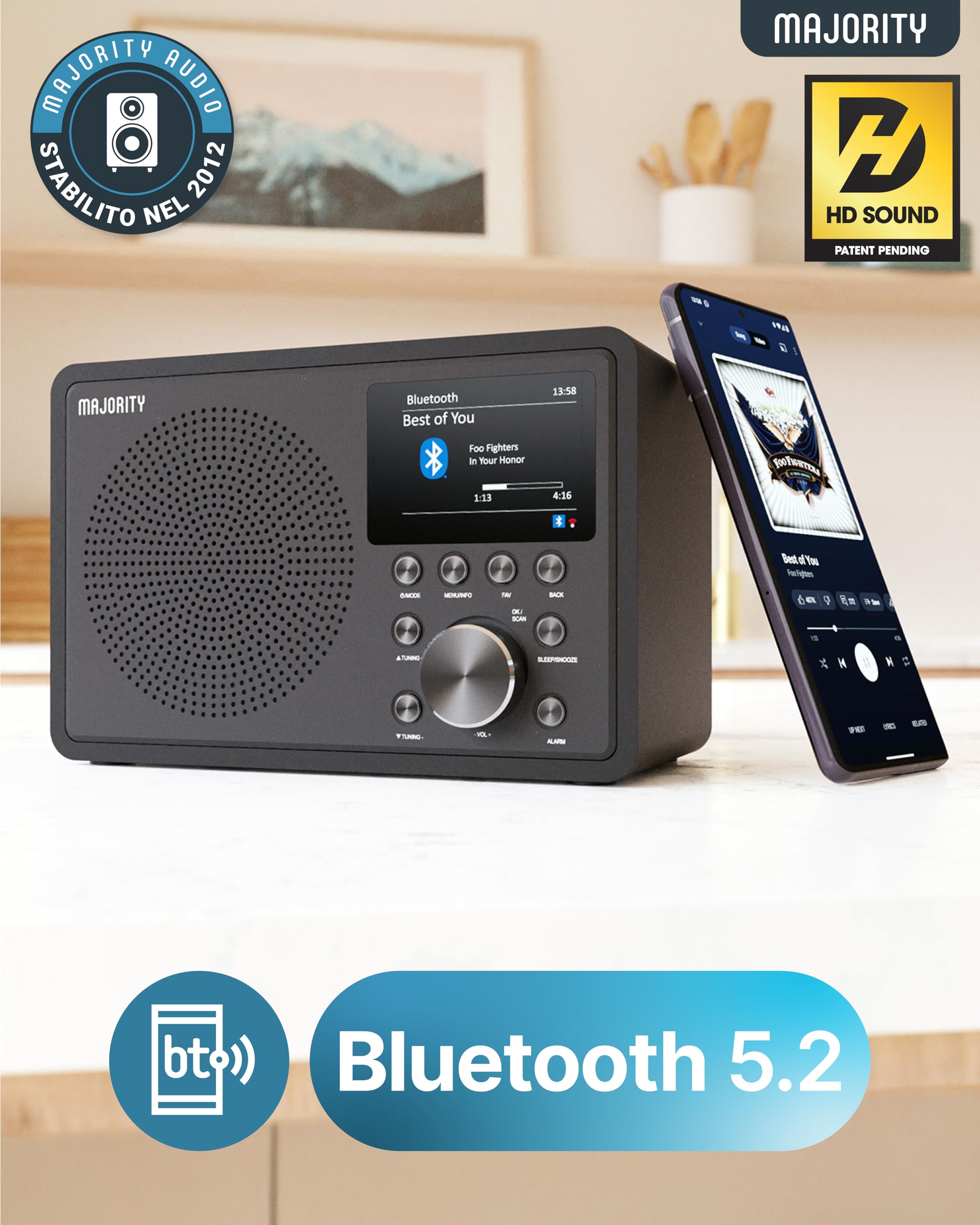 Majority Touro Radio Internet WiFi con DAB+, FM Digitale e Bluetooth | USB, App Oktiv, e Spotify Connect | Sveglia Doppia, Display LCD | Radio da Cucina e Casa con Audio Stereo