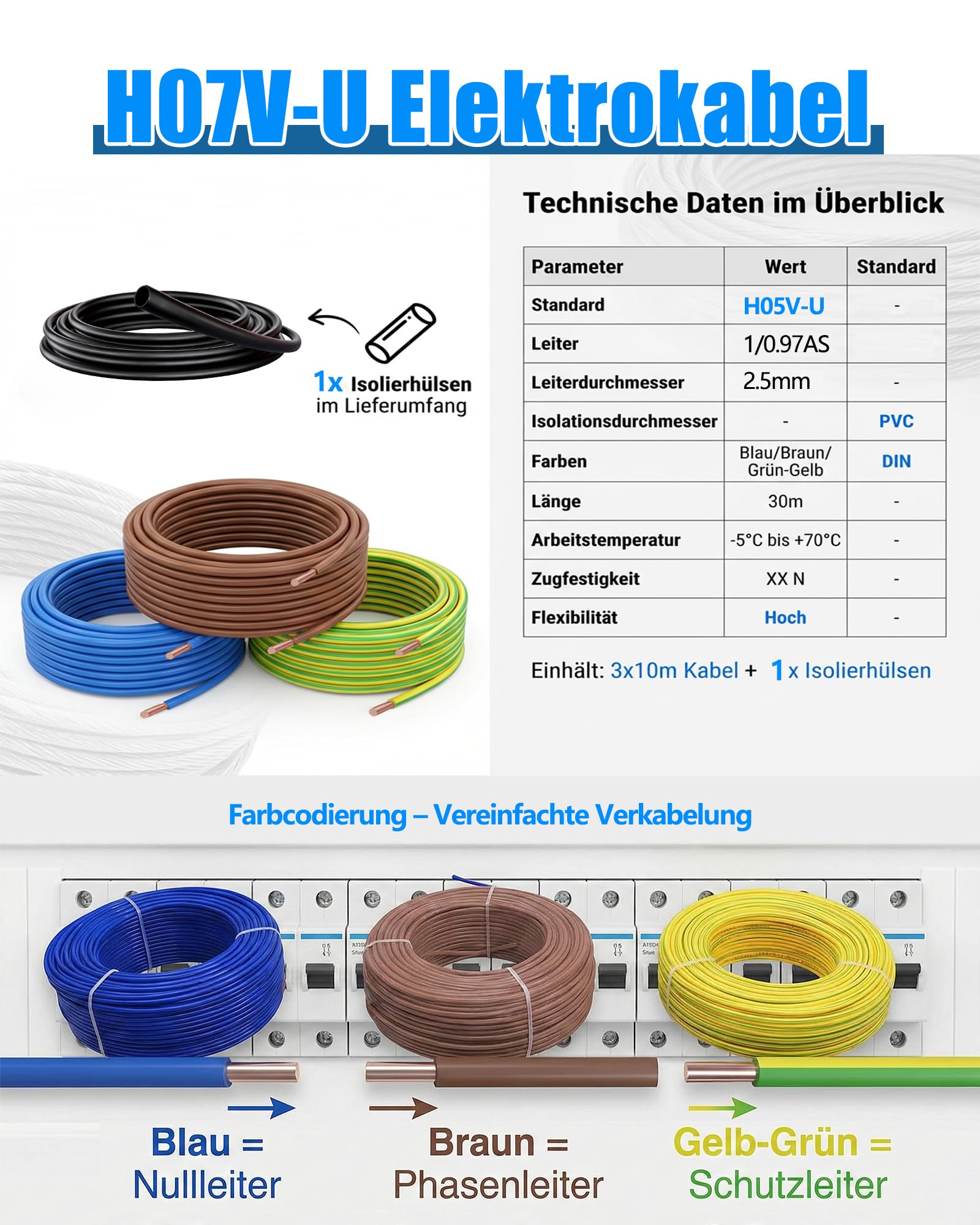 Cable H05V-U 0,75mm² -Kit 3 Colores (Azul, Marrón, Verde-Amarillo) 3x10m - Cable Rígido Monoconductor de Cobre con Aislamiento PVC - 300/500V