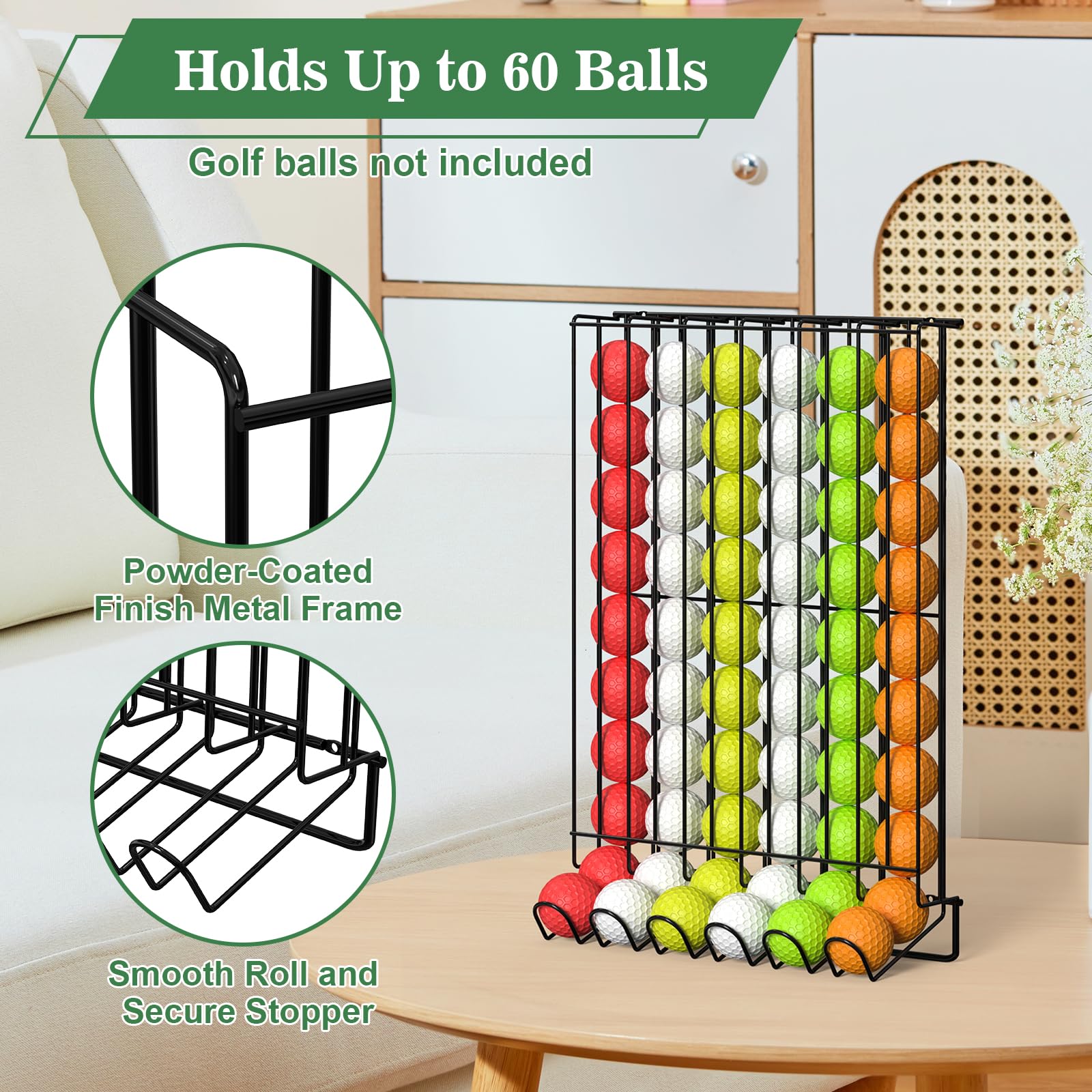 Sunexinlo Soporte para pelotas de golf para 60 pelotas, dispensador de pelotas de golf de encimera y montado en la pared, estante de exhibición de alambre de metal para el hogar, oficina, simulador de
