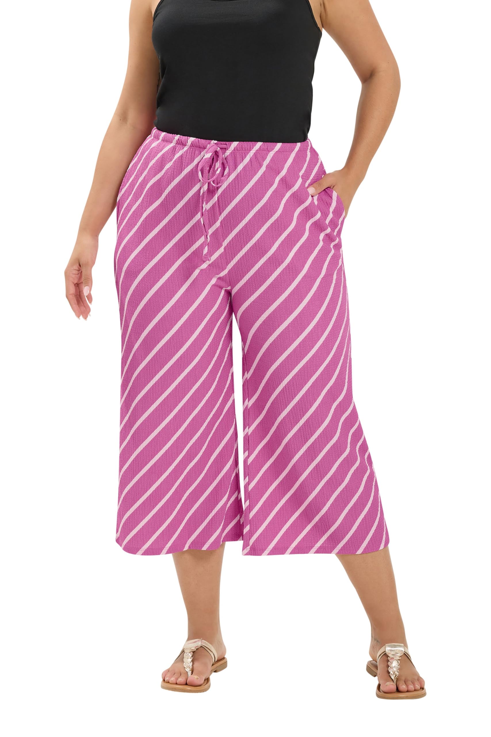 Yours Women's Pink Striped Crinkle Culottes Trouser In | : Size 18