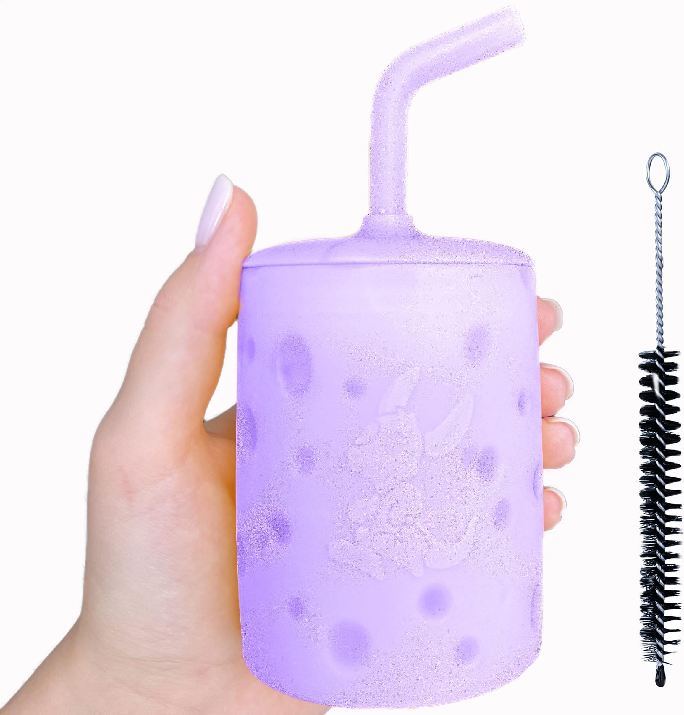 Kangookid Transparent Toddler smoothie cup with Unique Built-in Lid Straw | BPA-Free Silicone Baby Cup with Straw for Toddlers | 6.5 oz Straw cup for 1 year old | baby cup with straw 6+ months (Lilac)