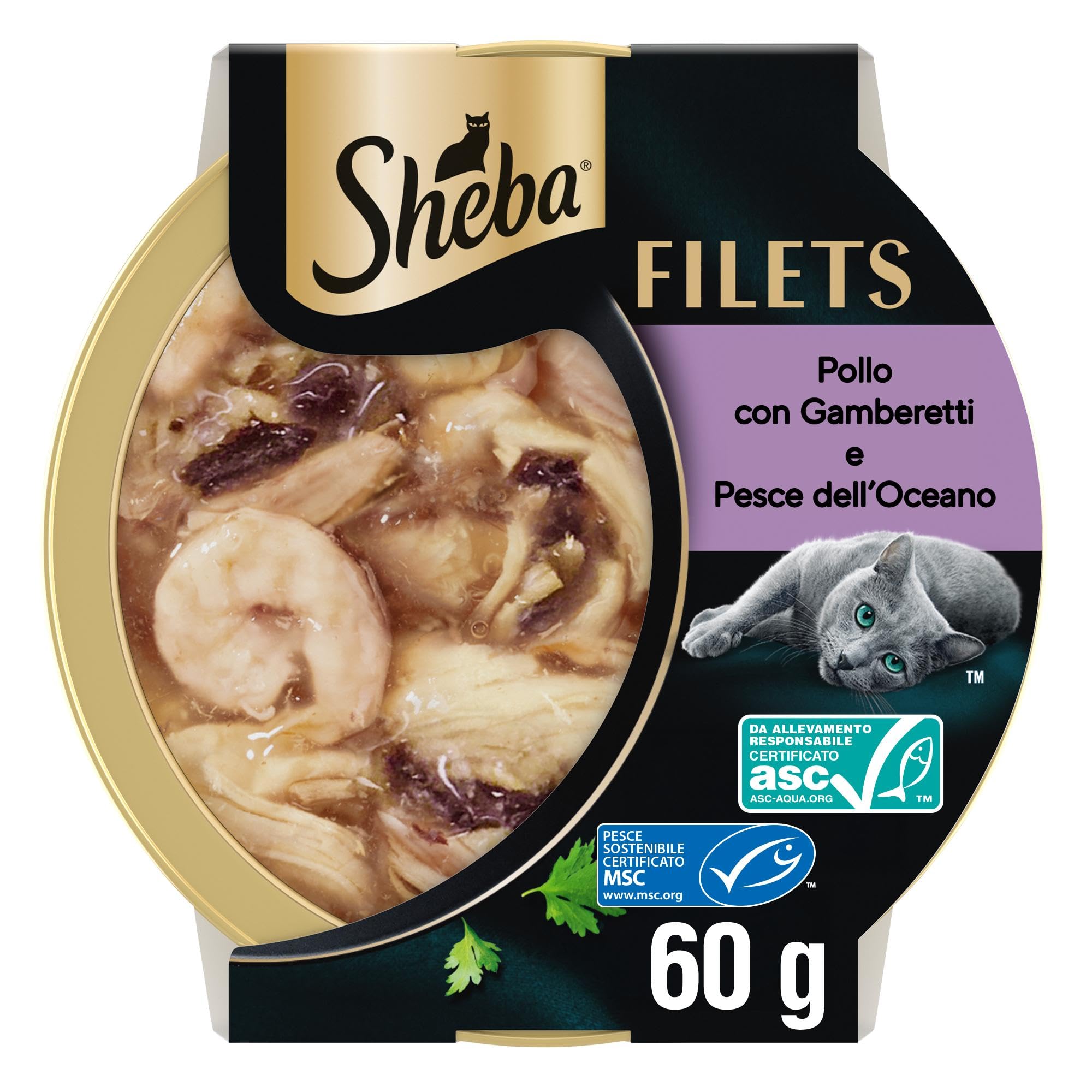 Cibo gatti adulti SHEBA Filets Pollo, Pesce Oceano, Gamberetti salsa, 32 Vaschette da 60g