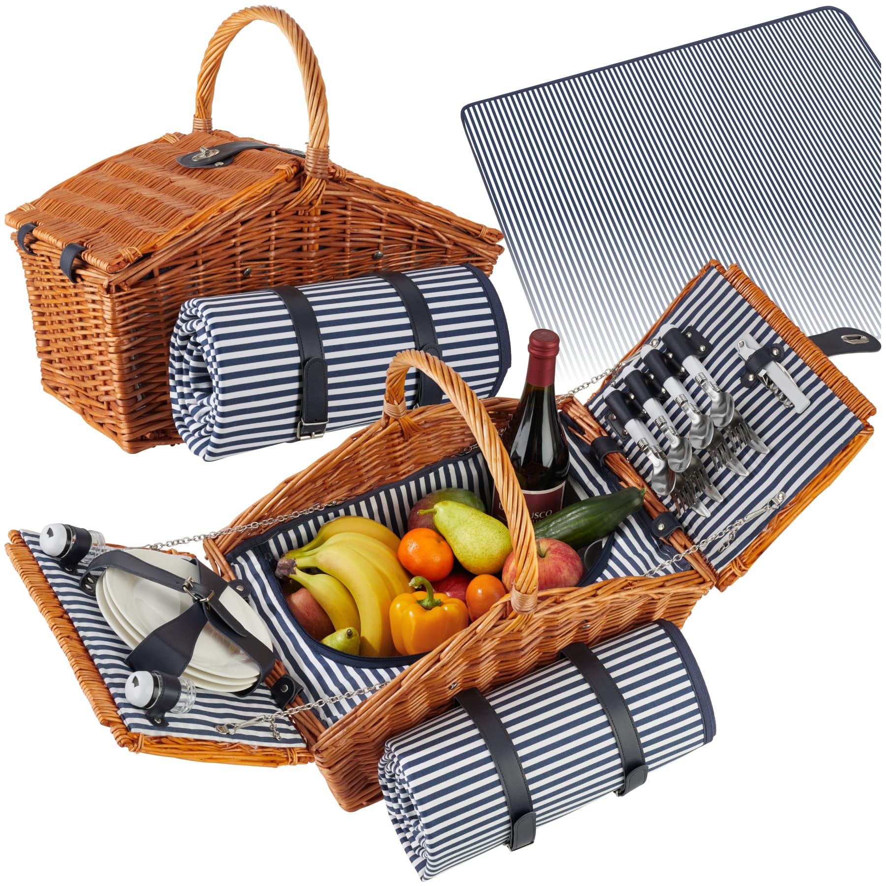 tectake® Wicker Picnic Basket for 4 People, Complete Picnic Set, Incl. Large Picnic Blanket & 23-Piece Dinnerware Set, Woven Willow Hamper Basket with Cooler Compartment, 2 Twist Locks & Carry Handle