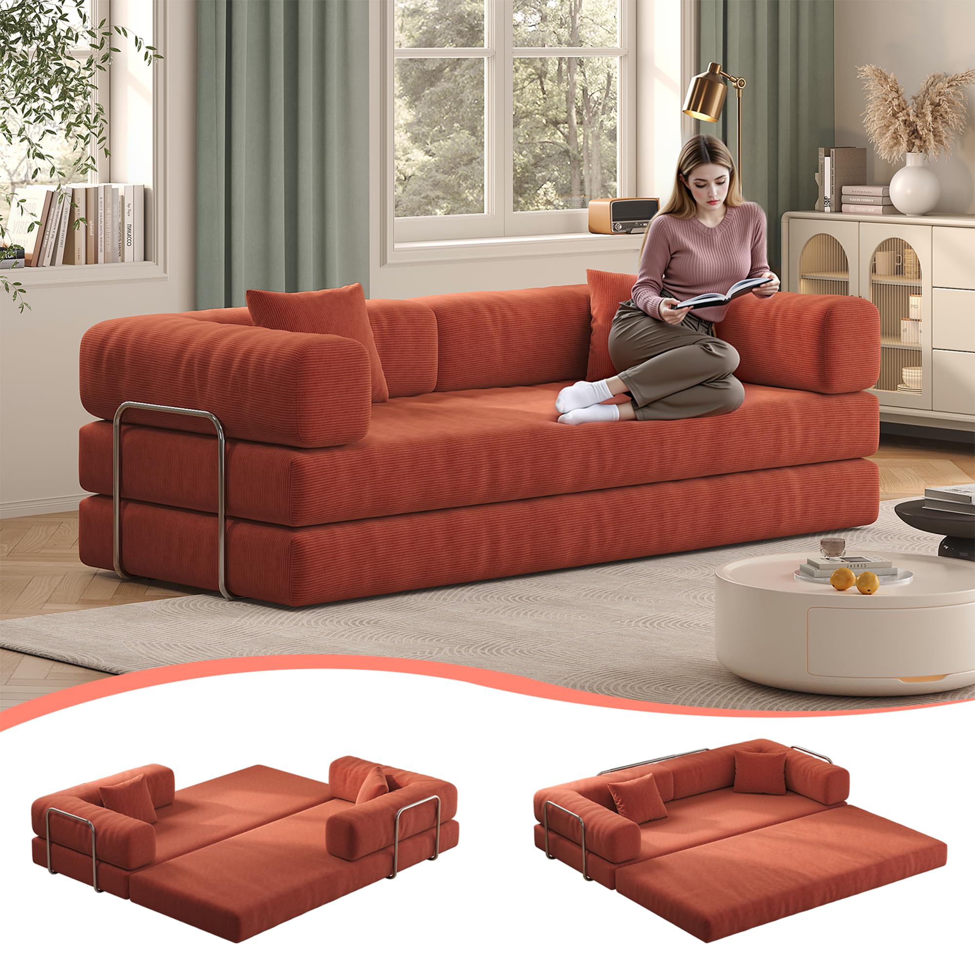 79" Convertible Sofa Bed with Pillows, Corduroy Folding Sleeper Sofa with Fixed-Shape Frame, Boneless Couch for Living Room Bedroom, Floor Sofa Lounge No Assembly Required (Orange) A - Style - Orange