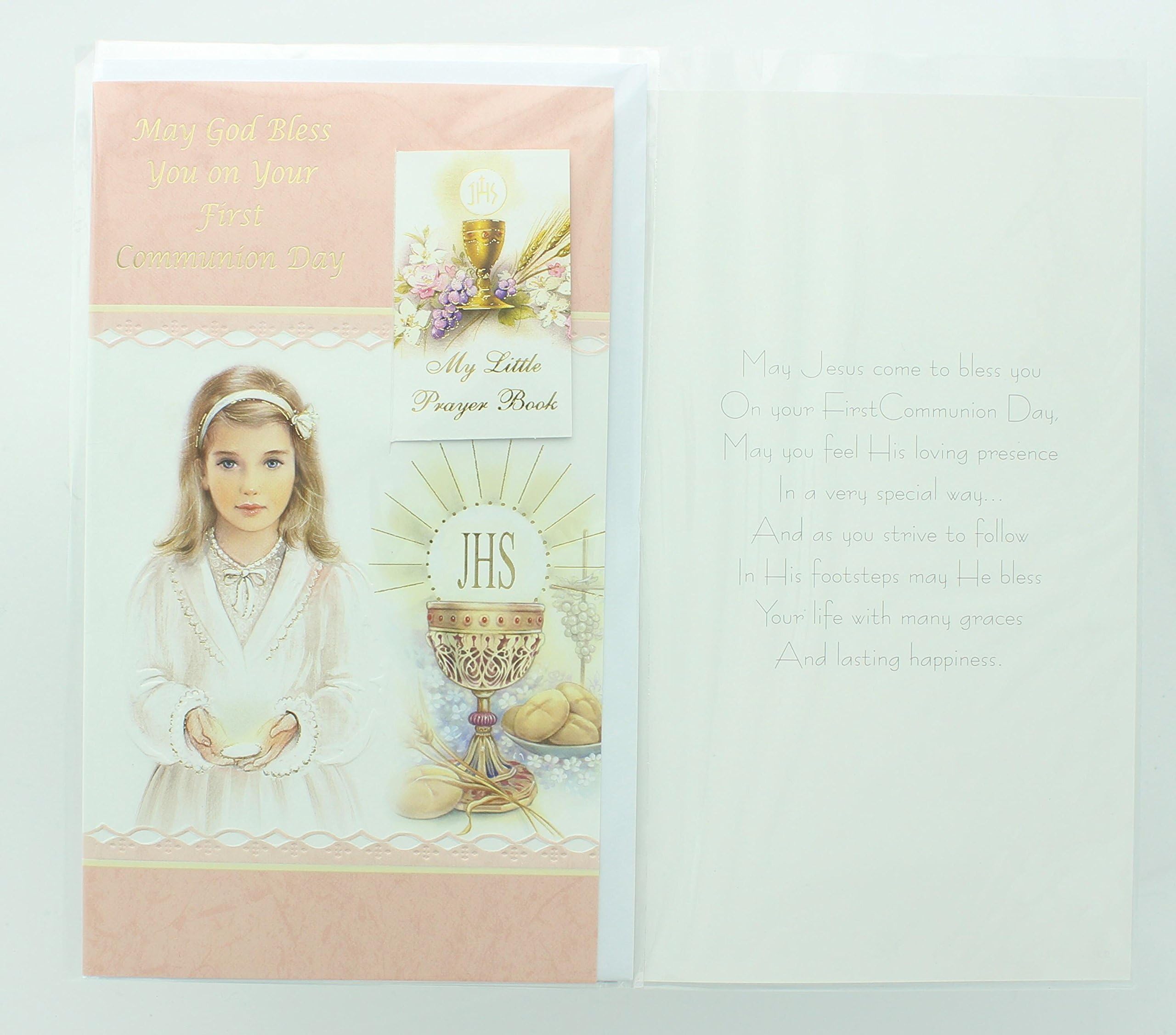 Girls First Holy Communion Greeting Card with Prayer Book. Includes Envelope.