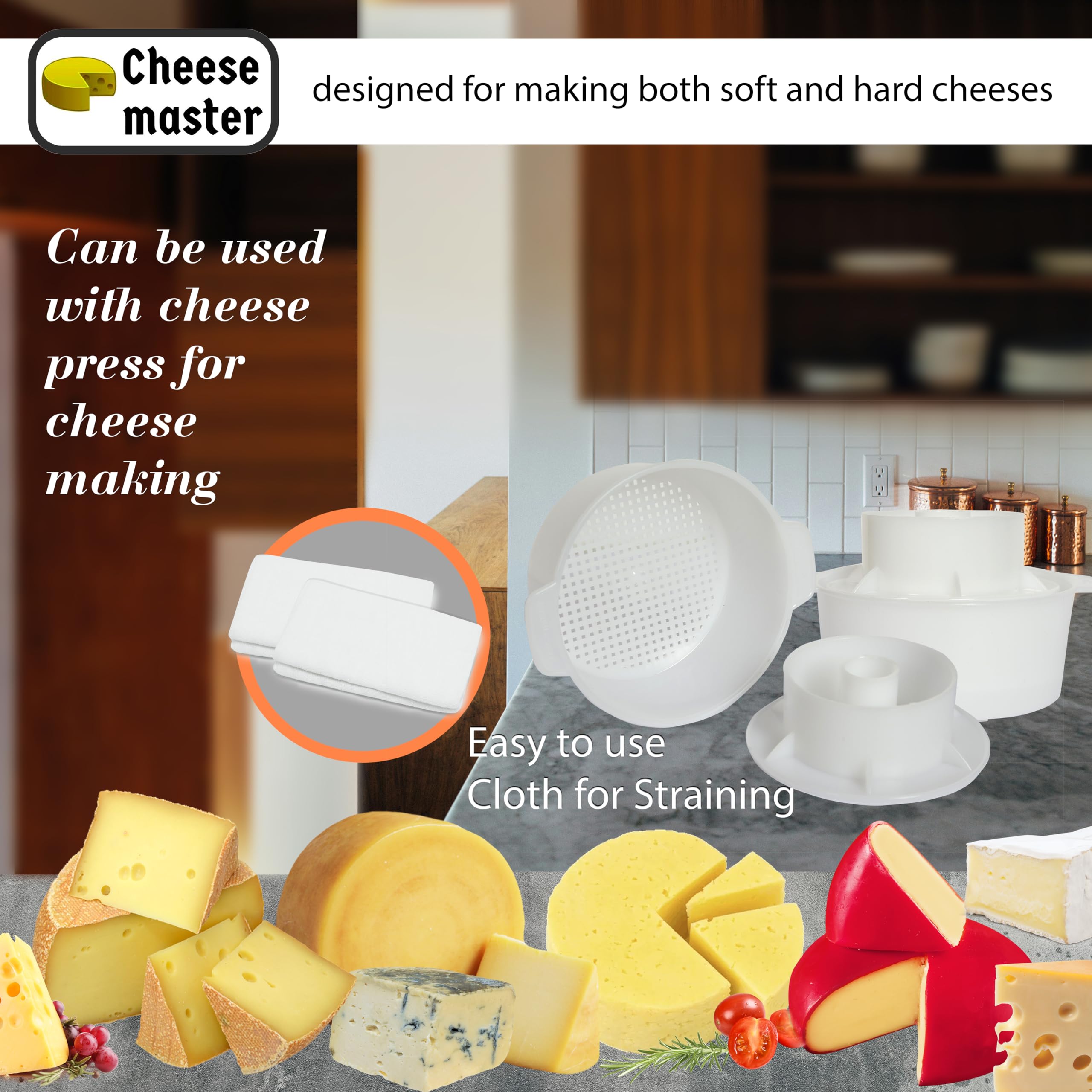 Lot de 2 moules à fromage 1,2 l avec piston et gaze de coton, panier à fromages, kit de fromagerie