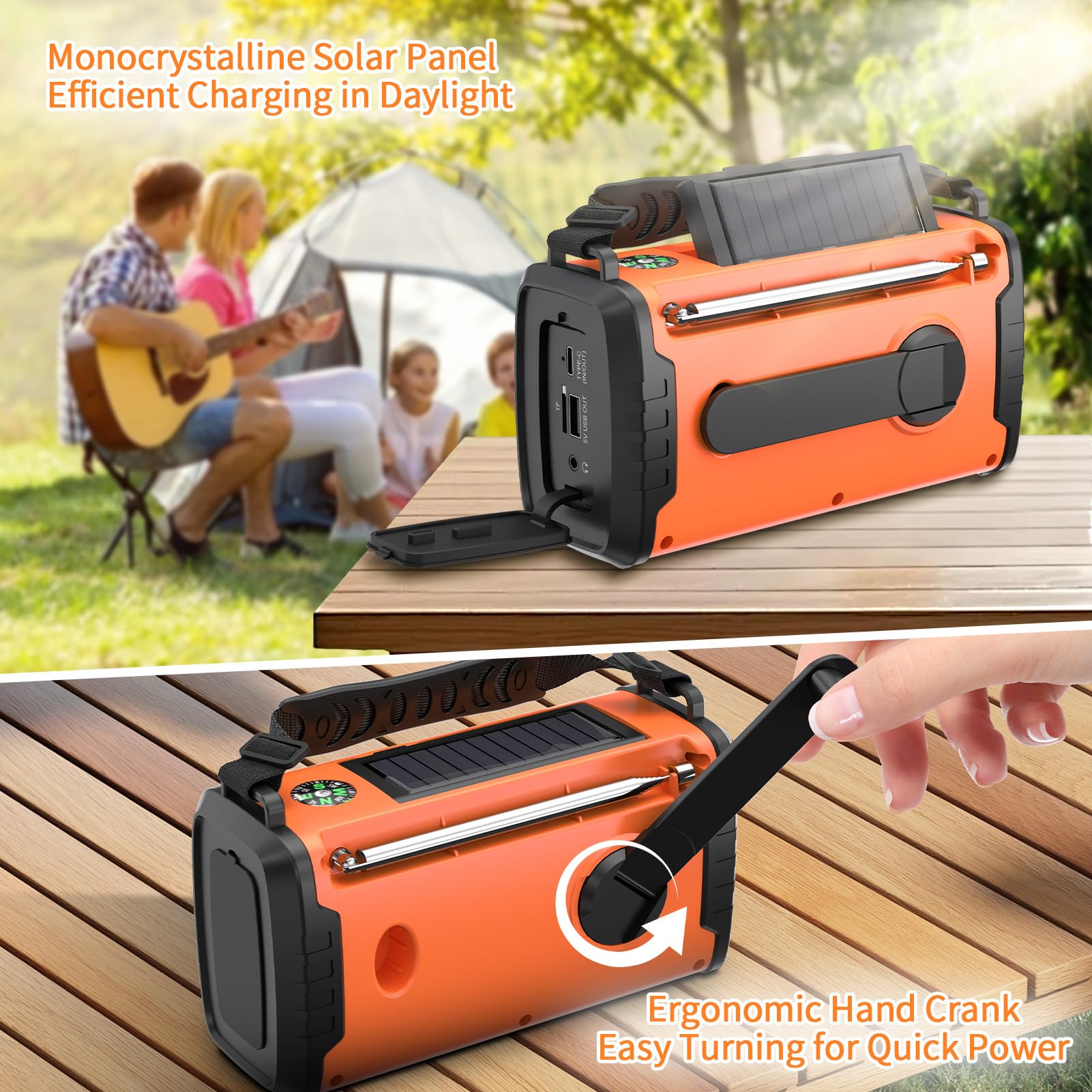Radio di Emergenza DAB+/FM 20000mAh con Powerbank, Solare e Manovella | Bluetooth 5.3, SOS, Torcia e Luce da Lettura per Casa, Campeggio, Camper e Blackout, Arancione