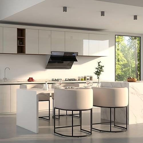 Miniatura 63 de Juego de 4 taburetes de bar contemporáneos de lino color crema, de 32 pulgadas, de tela tapizada, altura de mostrador, taburetes de cocina con base