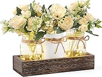 Mkono Mason Jar Lights Centerpiece - Farmhouse Wood Tray with 3 LED Jars, Flowers for Table Decor, Valentine's Day, Wedding, Kitchen, Dining Room