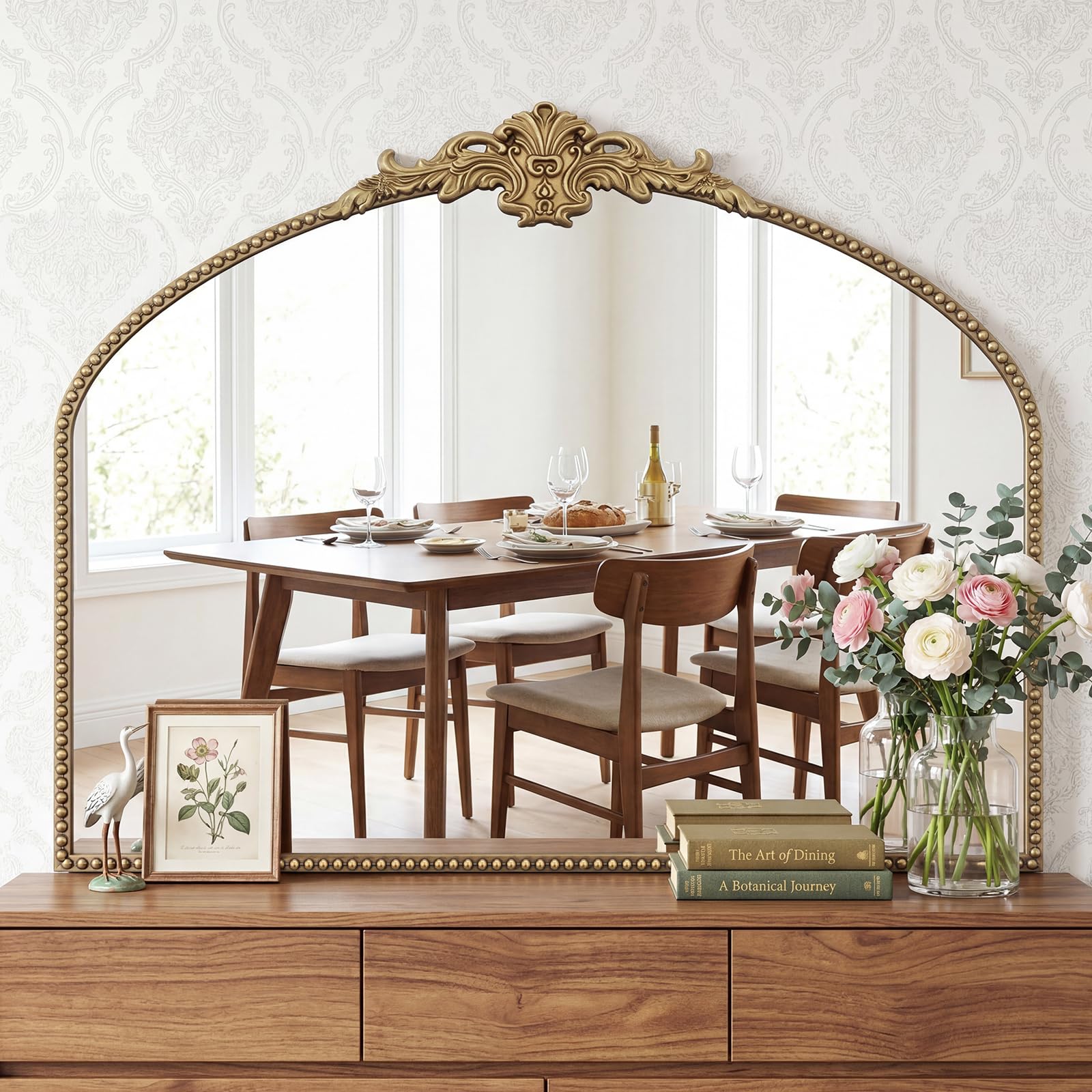 PlushVibes Vintage Baroque Arched Wall Mirror - 36"x28" Retro Gold Ornate Mirror with Beaded Metal Frame for Bathroom, Fireplace, Living Room, Hallway, Bedroom
