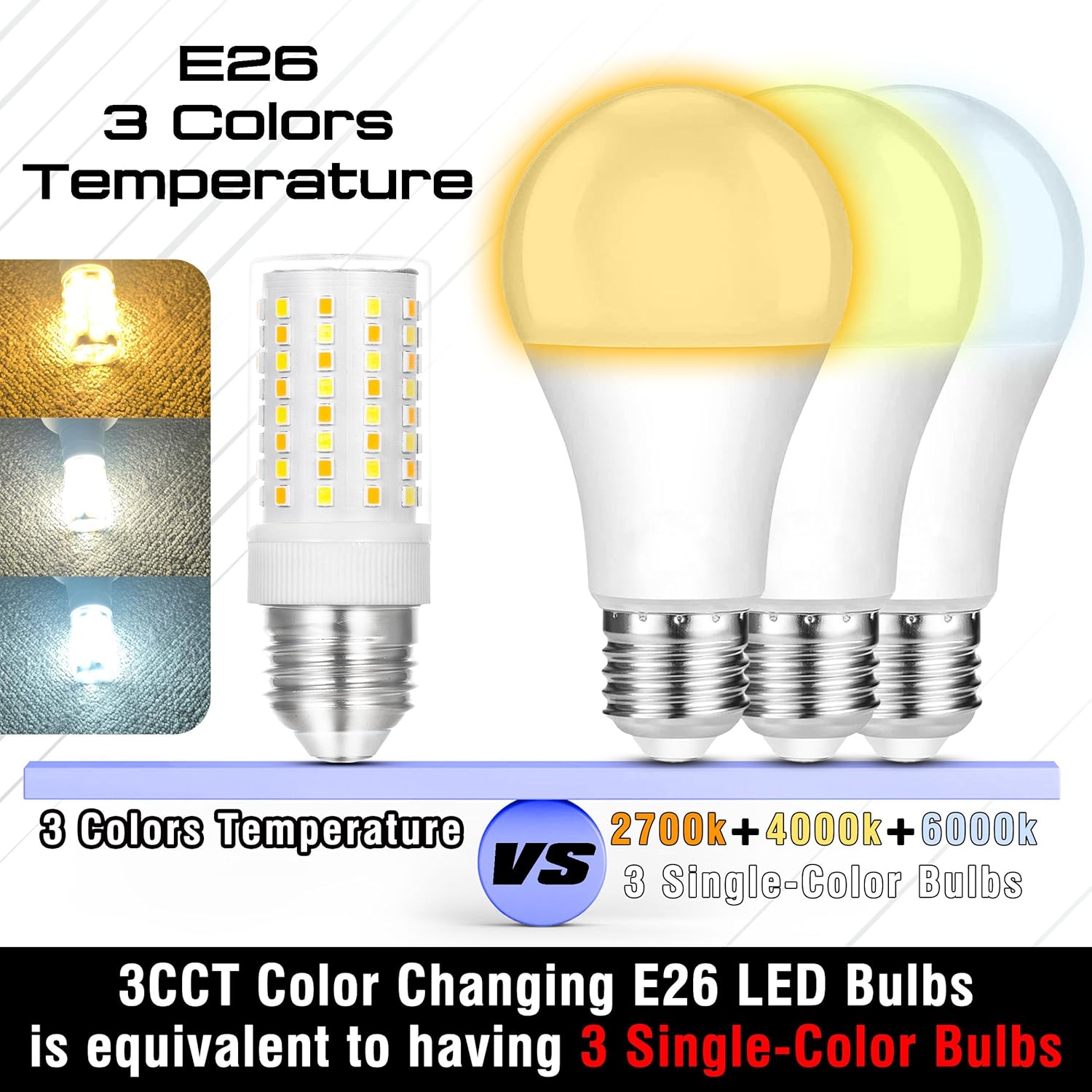 E26 LED Light Bulbs 100W Equivalent 3CCT Adjustable,2700K Warm/4000K Natural /6000K Daylight White,10W 1000LM, 3 Colors Temperature Mode E26 LED Bulbs for Ceiling Lamps Night Light,Non-Dimmable,1pack